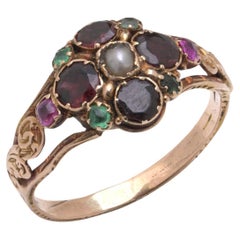 Victorian 15KT Gold Amethyst, Garnet 
Pearl Ring, 1880s