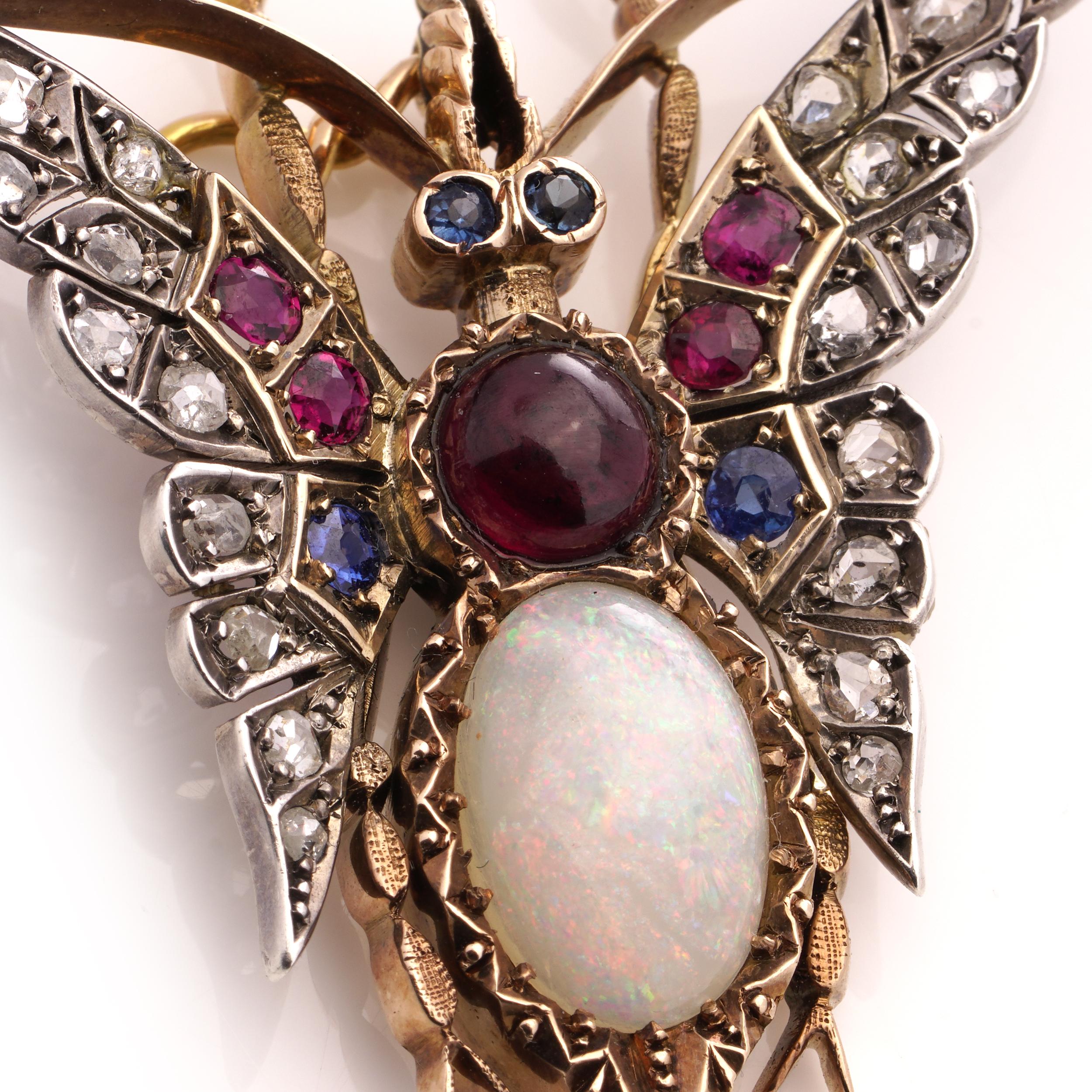Women's Victorian 15kt gold and silver butterfly brooch with gemstones For Sale