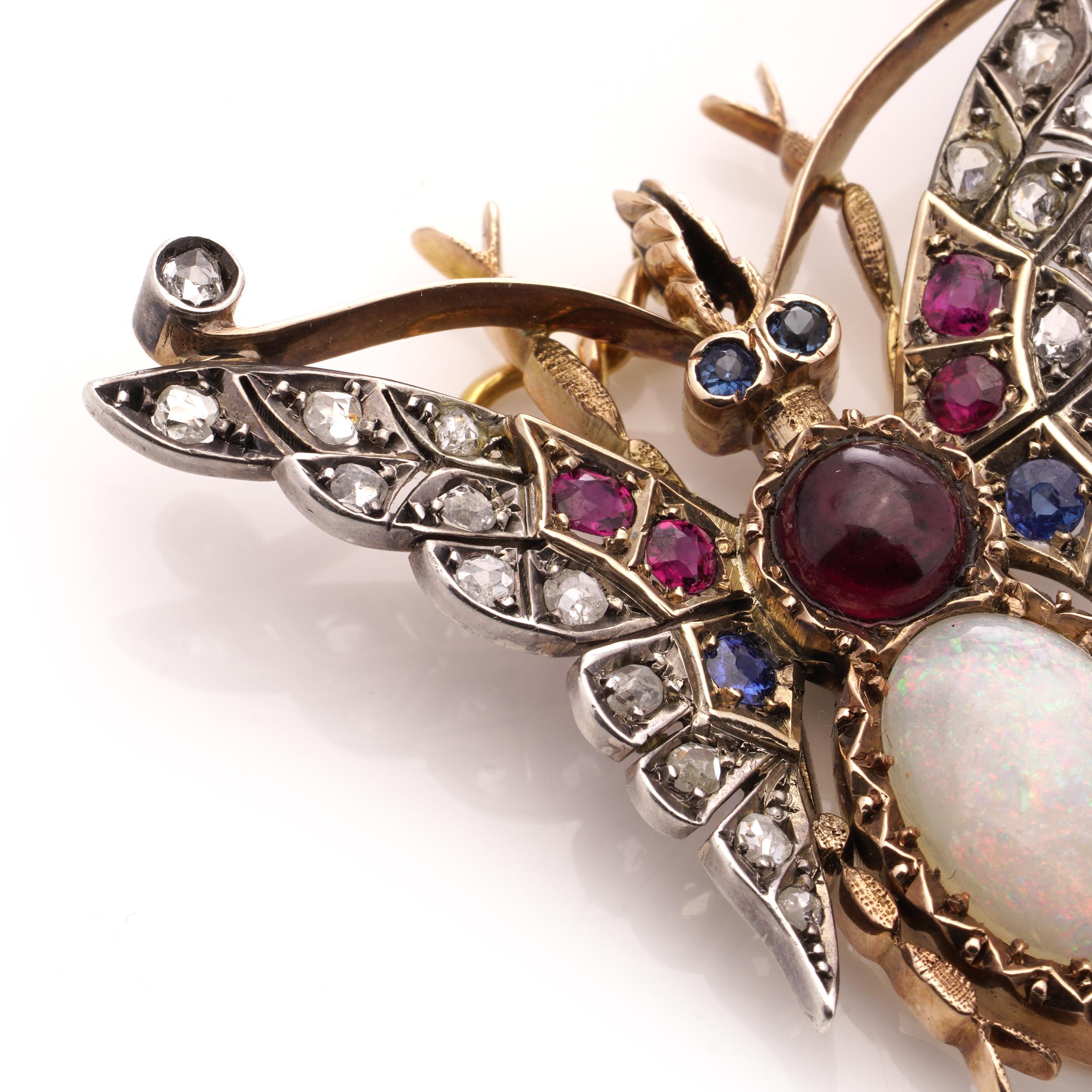 Victorian 15kt gold and silver butterfly brooch with gemstones For Sale 1