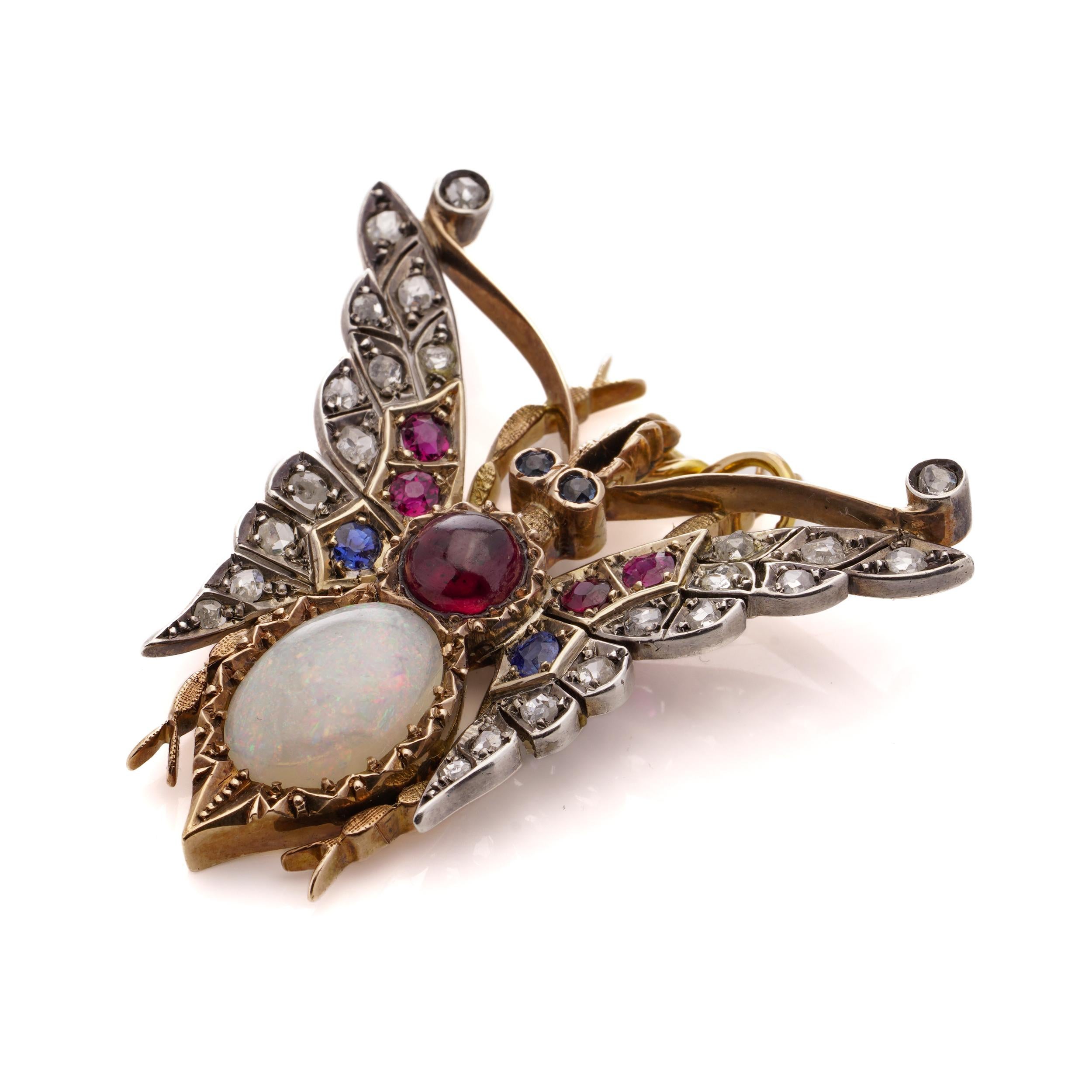 Victorian 15kt gold and silver butterfly brooch with gemstones For Sale 3