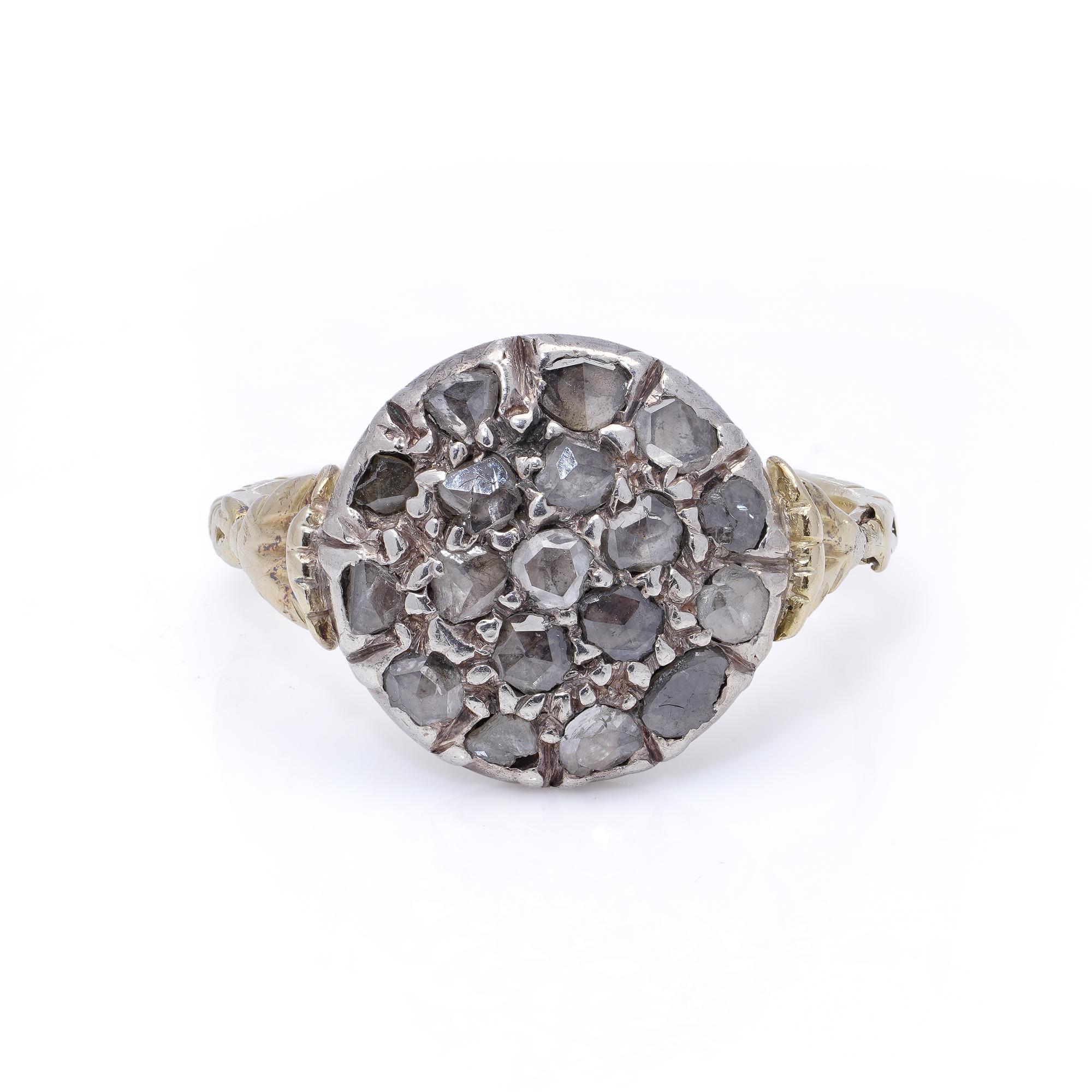Early Victorian Victorian 15kt Gold and Silver closed back Rose-Cut Diamond Cluster Ring For Sale