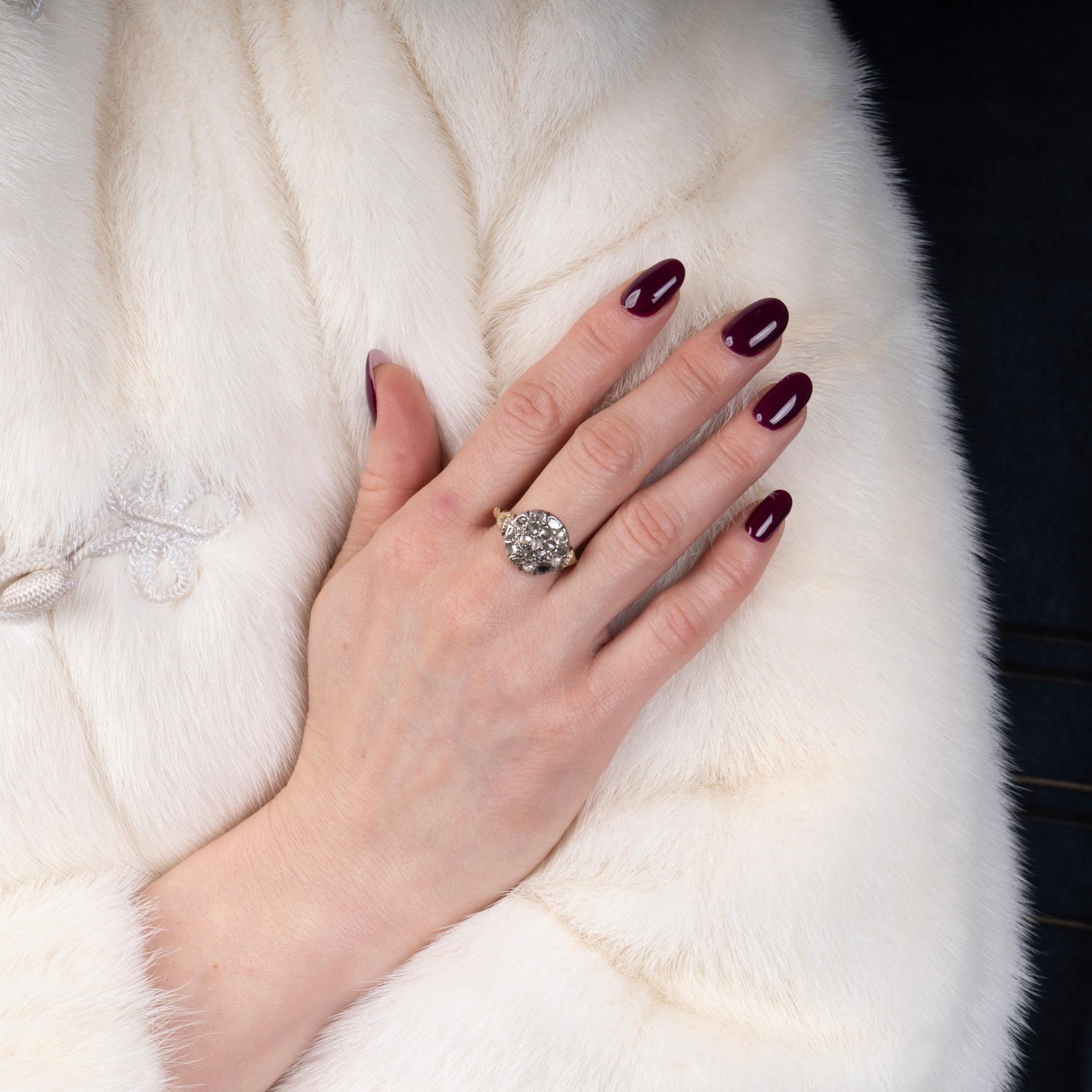 Antique early Victorian 15kt Gold and Silver closed back Rose-Cut Diamond Cluster Ring.

This antique ring features a 15kt gold band with a silver setting.
The ring is adorned with a cluster of rose-cut diamonds, set in silver.

Key