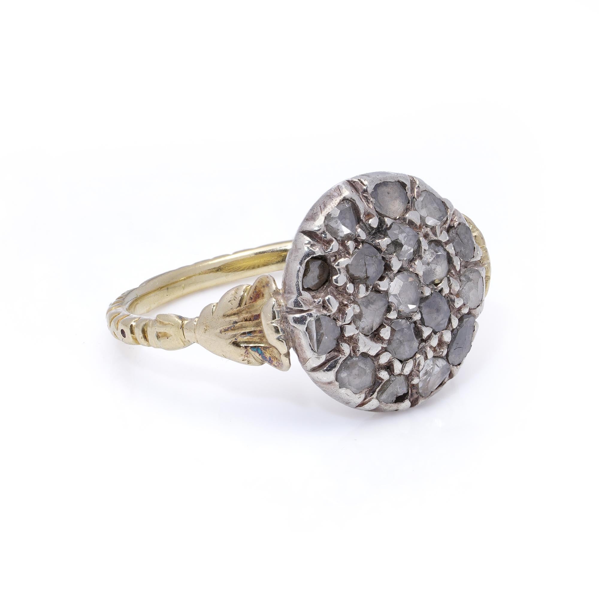 Rose Cut Victorian 15kt Gold and Silver closed back Rose-Cut Diamond Cluster Ring For Sale