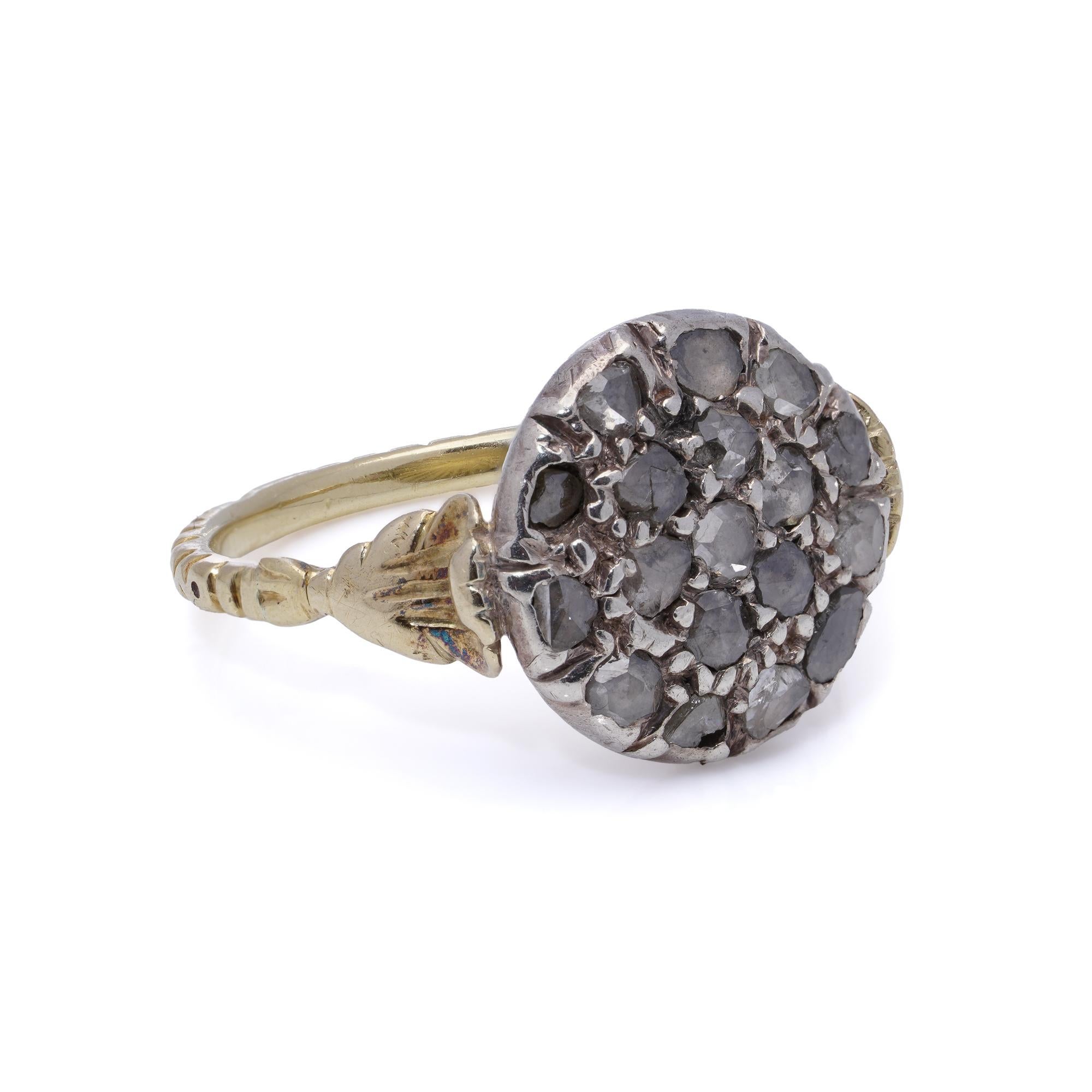 Women's or Men's Victorian 15kt Gold and Silver closed back Rose-Cut Diamond Cluster Ring For Sale
