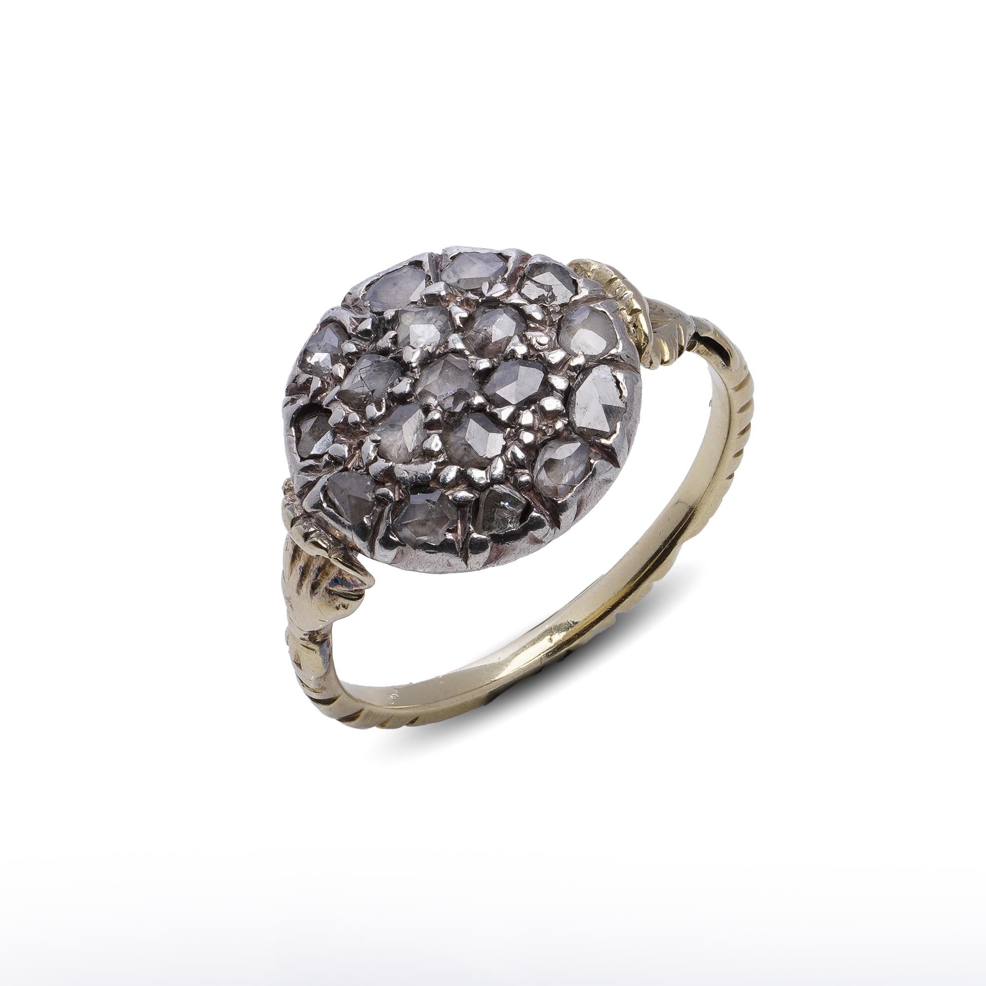 Victorian 15kt Gold and Silver closed back Rose-Cut Diamond Cluster Ring For Sale 1