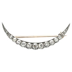 Victorian 15KT Gold and Silver Diamond Crescent Brooch, 1.5ct
