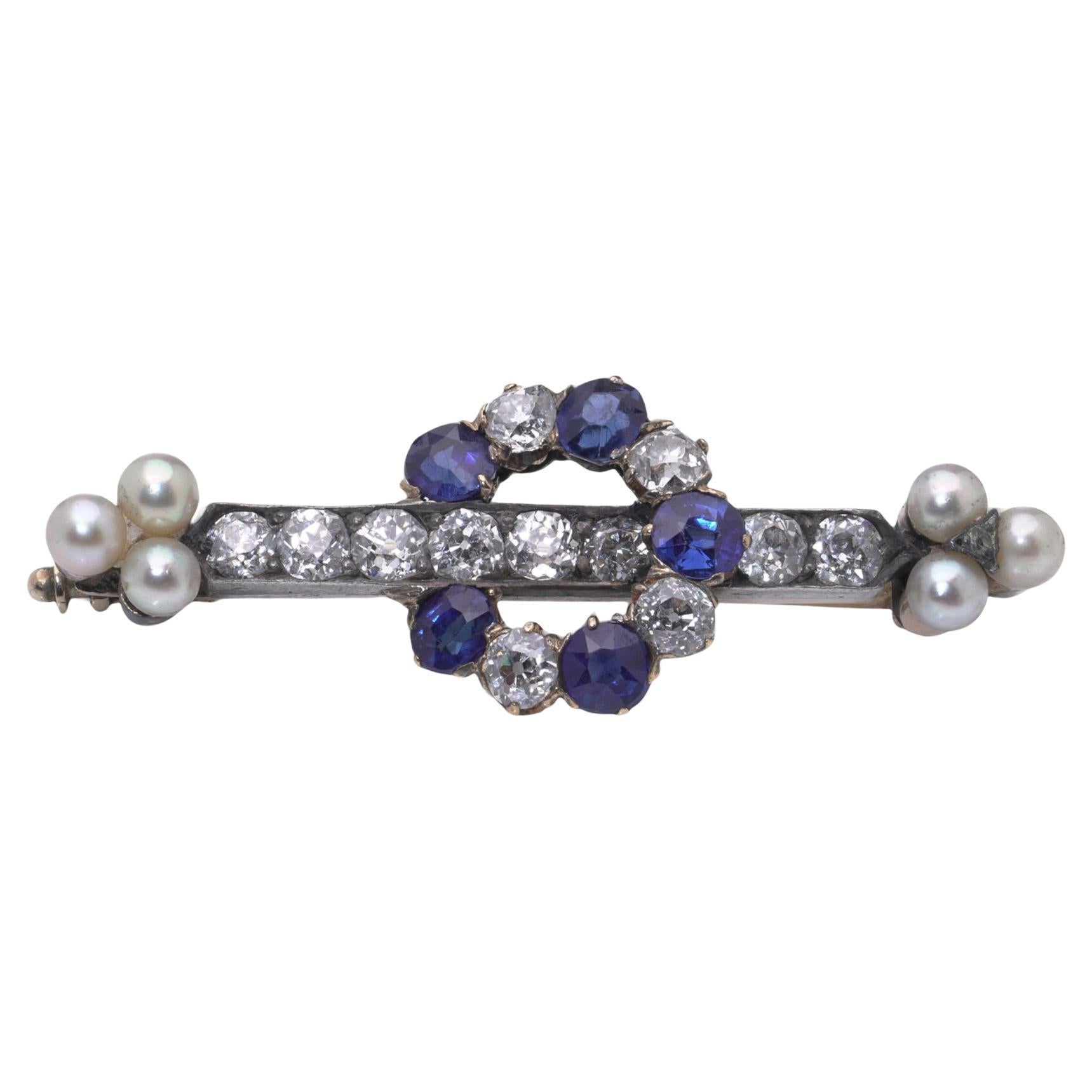 Broche victorienne en or 15kt et argent avec diamants, saphirs et perles