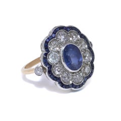 Victorian 15kt Gold and Silver Sapphire and Diamond Cluster Ring, Circa 1890s