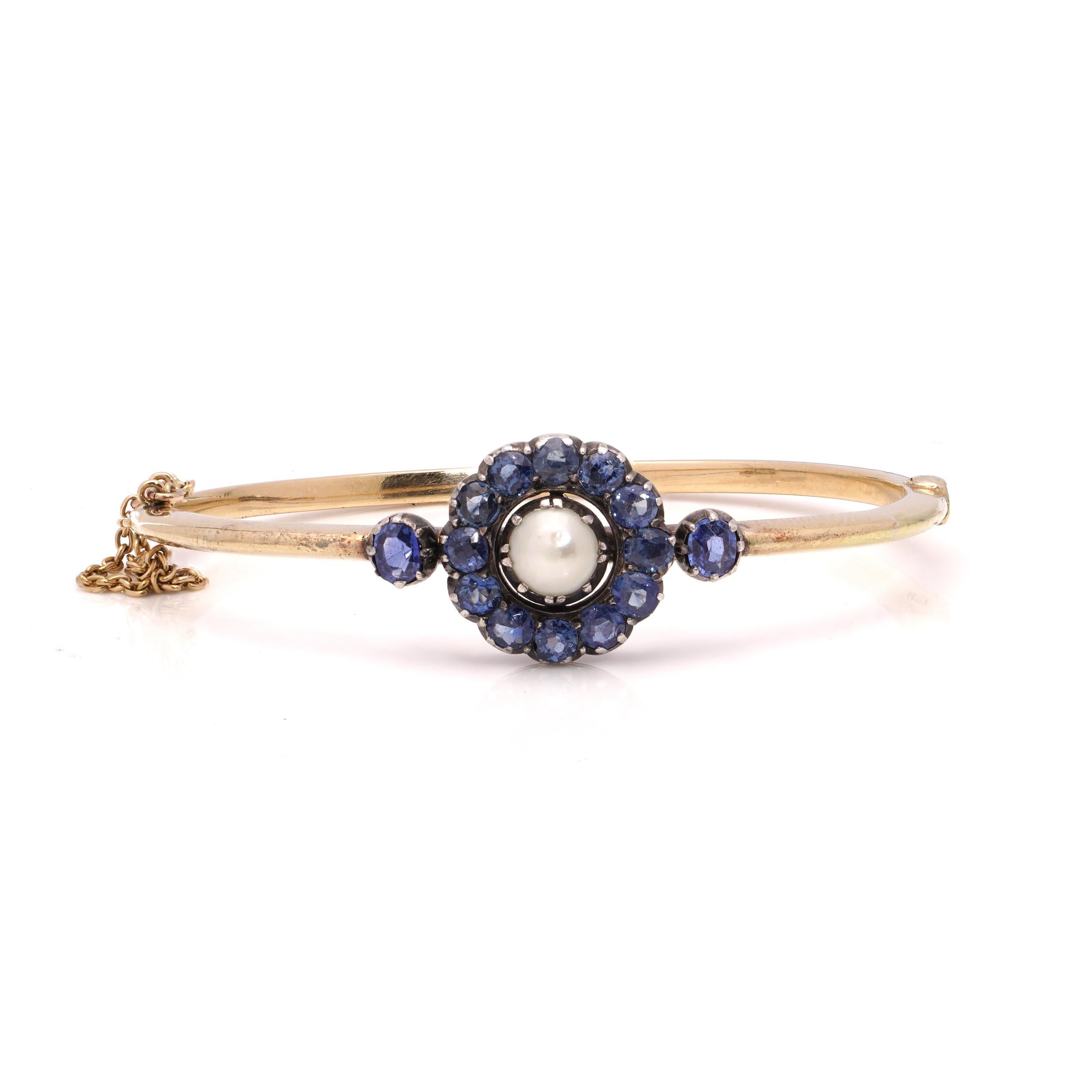 Oval Cut Victorian 15kt. gold and silver Sapphire cluster bangle with natural pearl For Sale