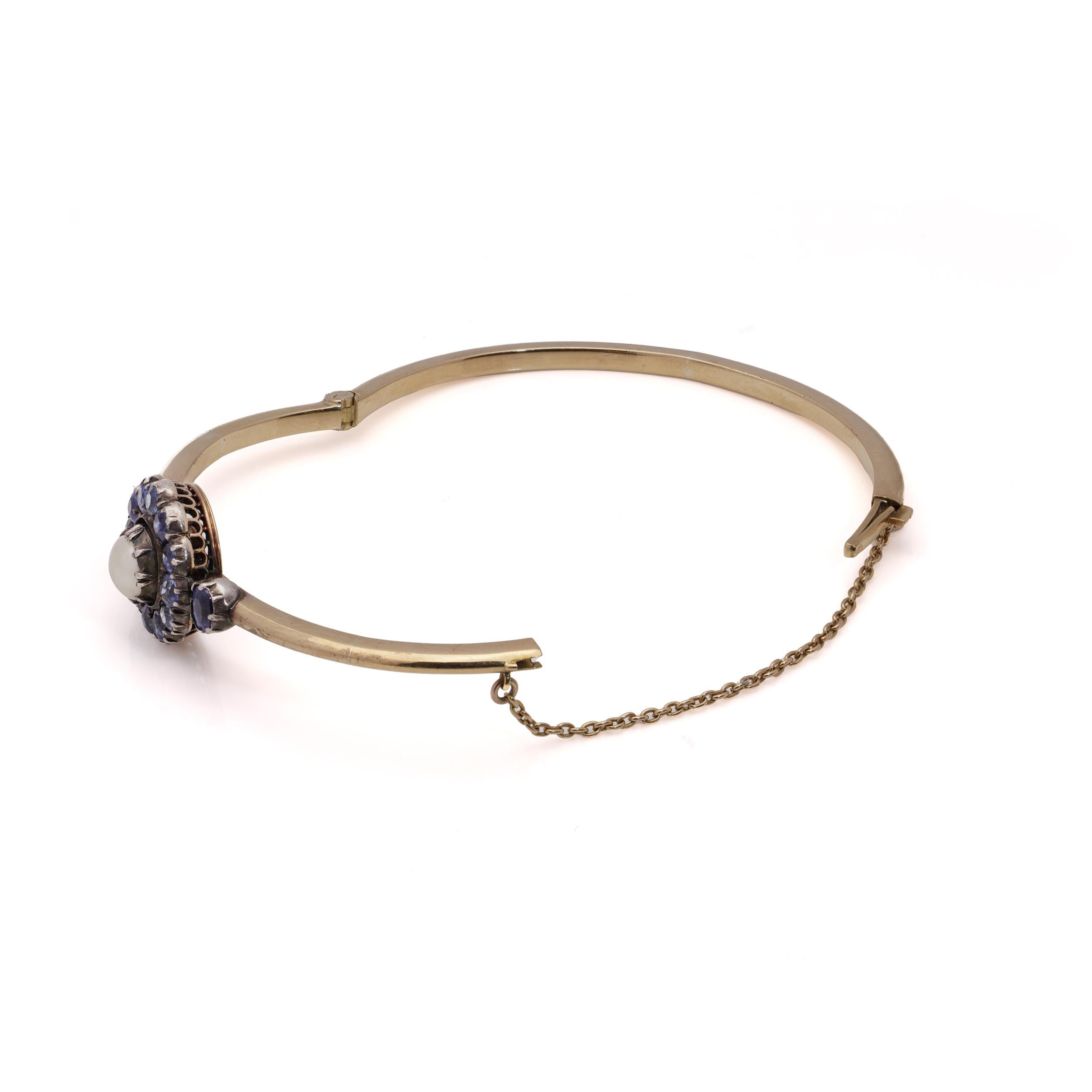 Women's Victorian 15kt. gold and silver Sapphire cluster bangle with natural pearl For Sale