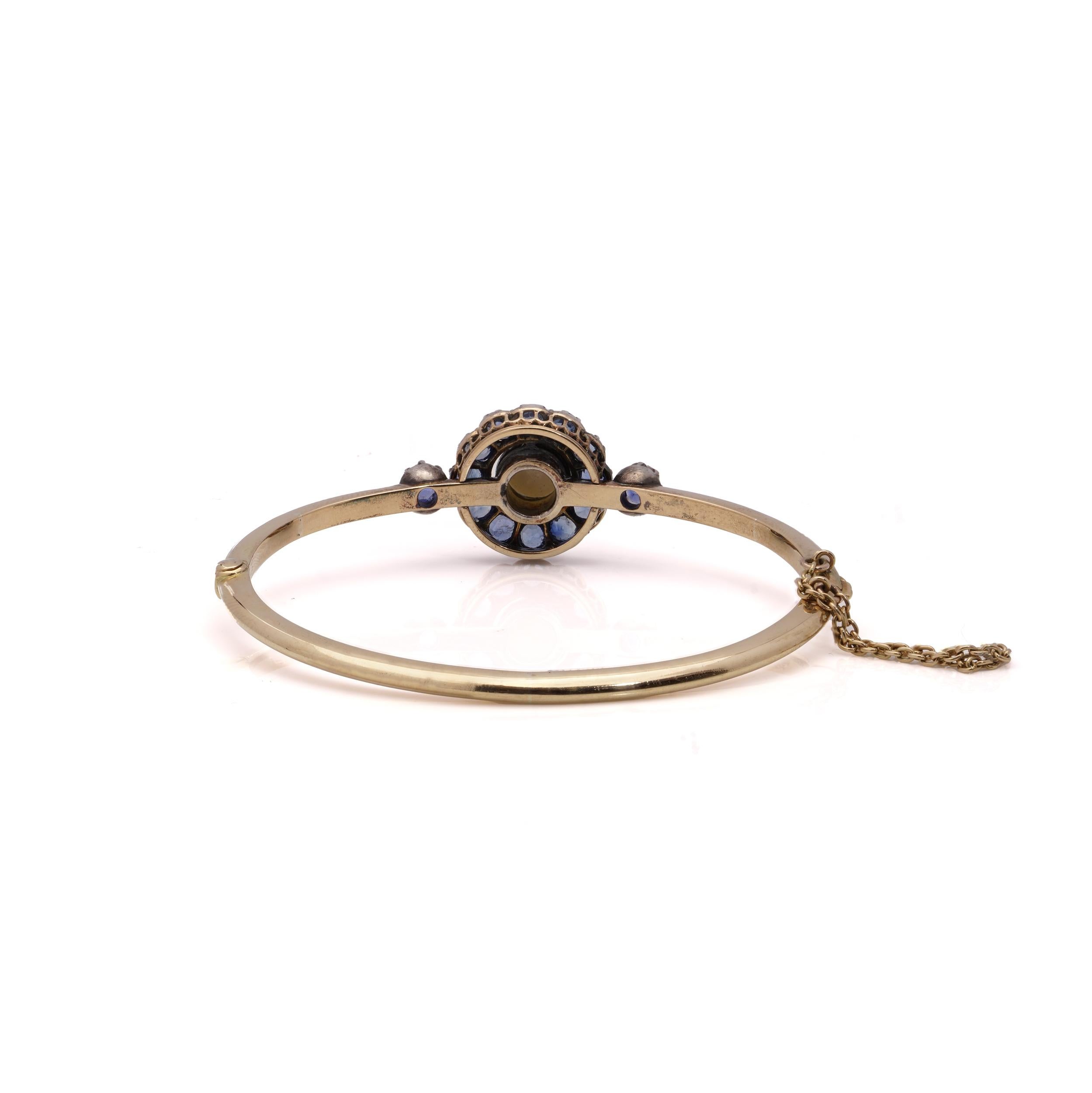 Victorian 15kt. gold and silver Sapphire cluster bangle with natural pearl For Sale 1