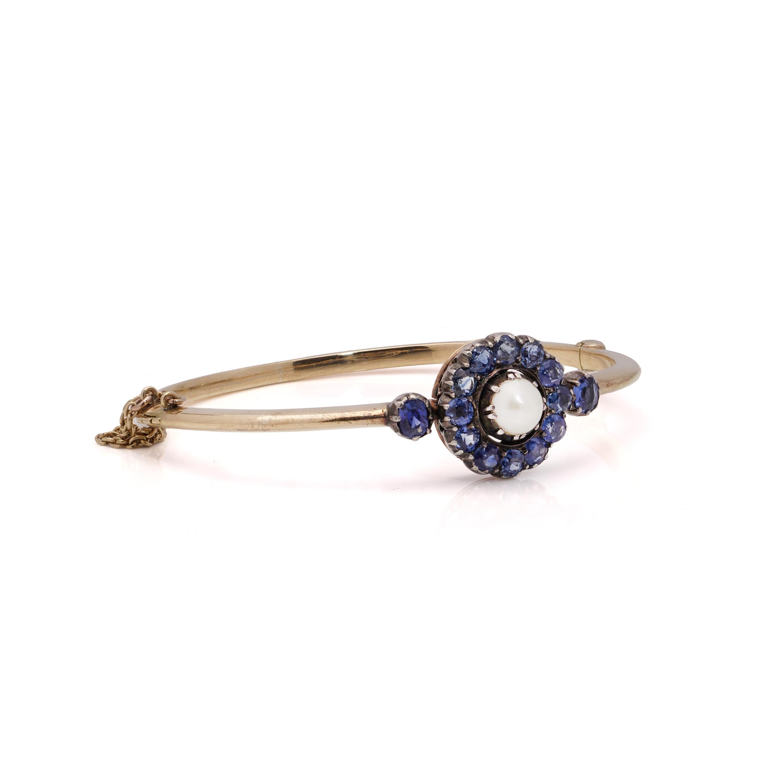 Victorian 15kt. gold and silver Sapphire cluster bangle with natural pearl For Sale 3