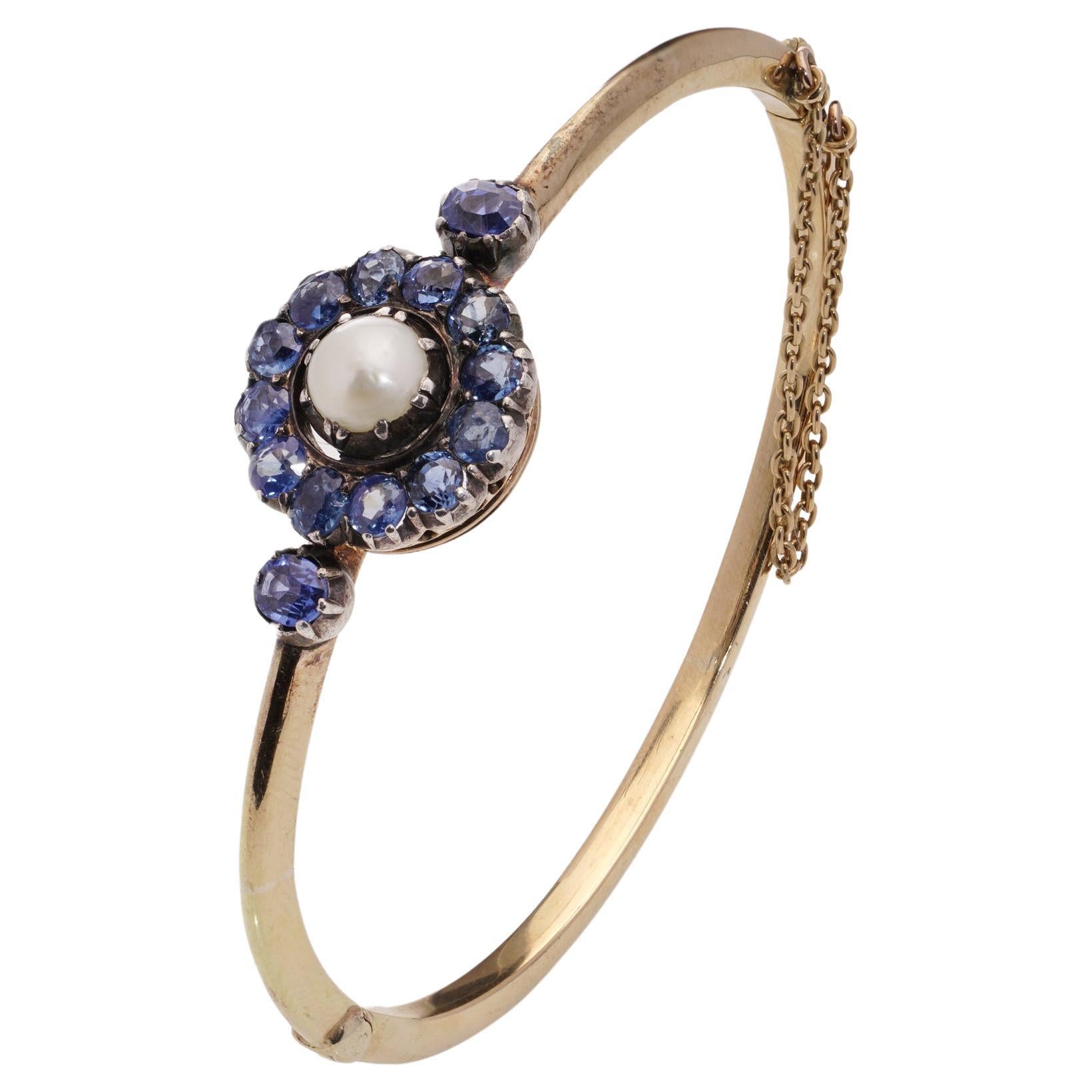 Victorian 15kt. gold and silver Sapphire cluster bangle with natural pearl For Sale