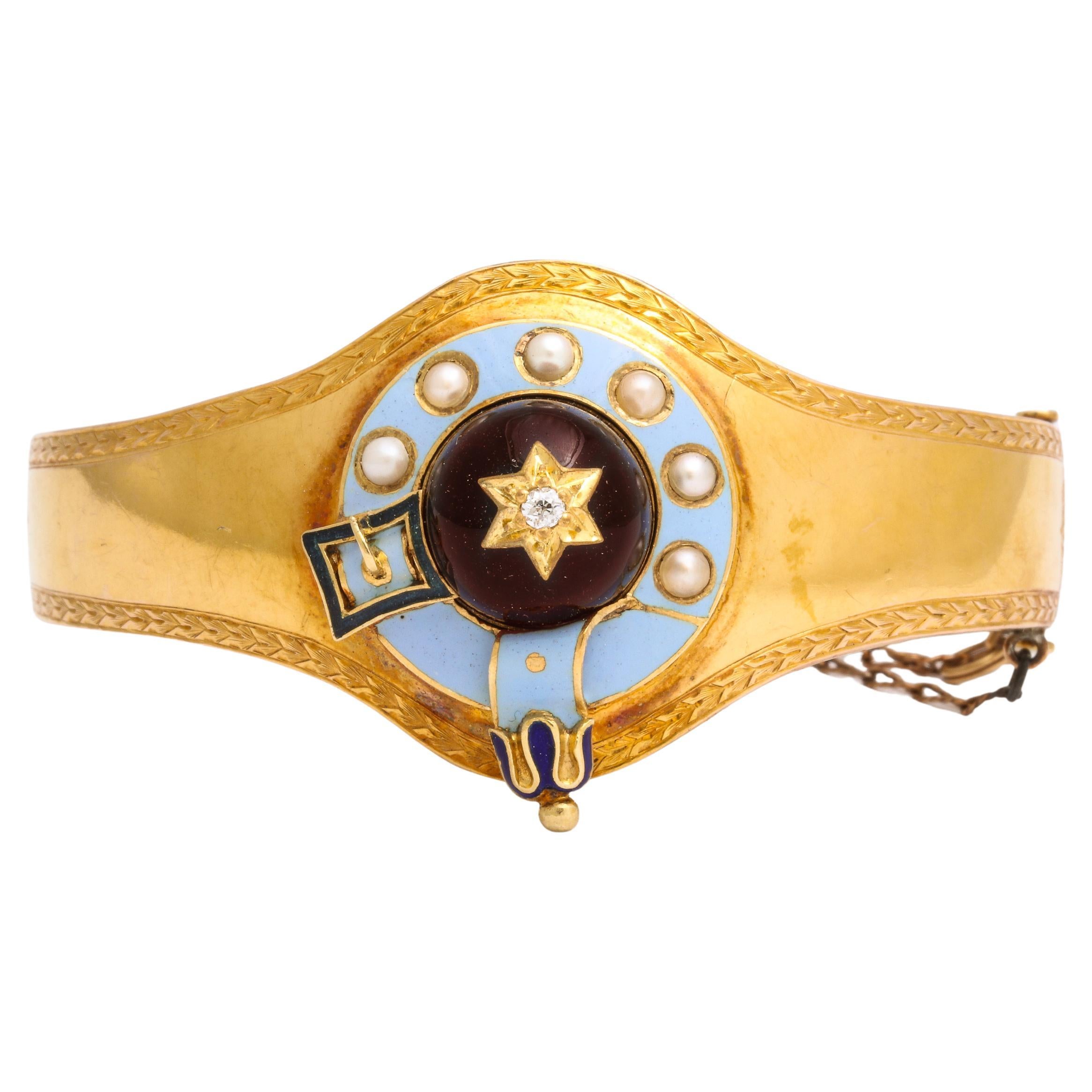 Victorian 15kt Gold Cabochon Garnet Diamond Pearl Bracelet c.1860 in vendita