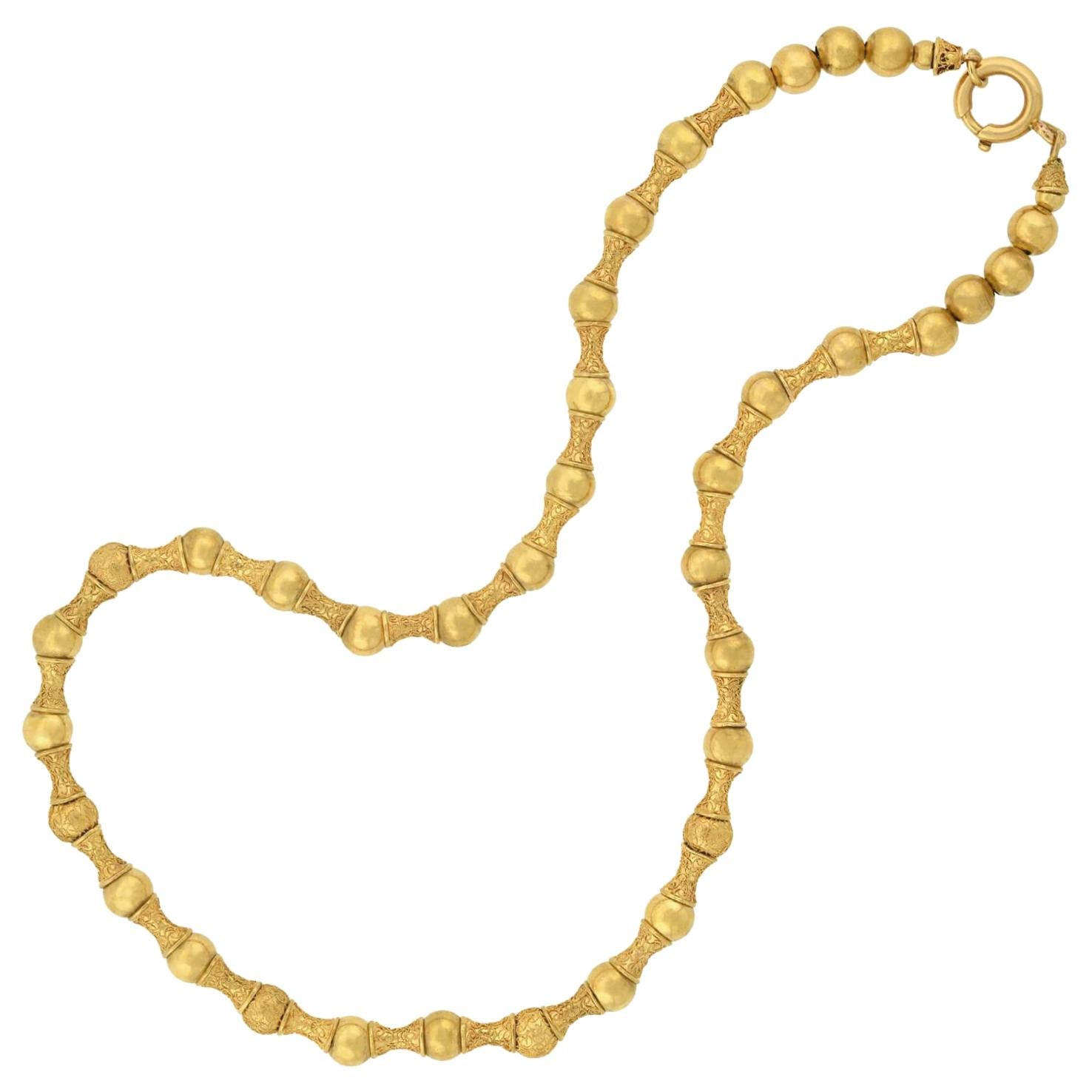 Victorian 15kt Gold Etruscan Wirework Alternating Bead Necklace