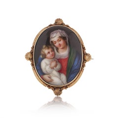 Victorian 15kt. gold hand painted enamel on porcelain ' Madonna and child '