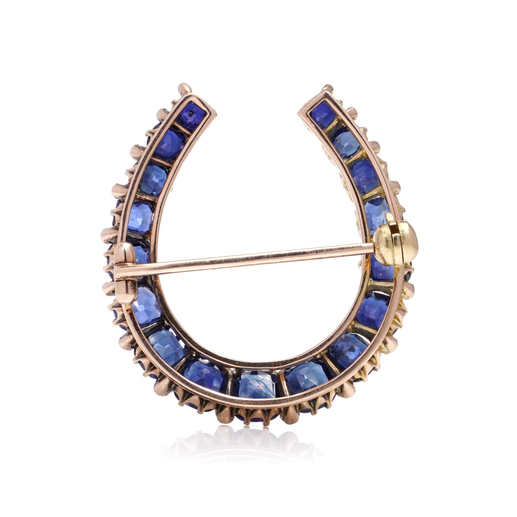 Antique Cushion Cut Victorian 15KT gold horse-shoe sapphire and diamond brooch  For Sale