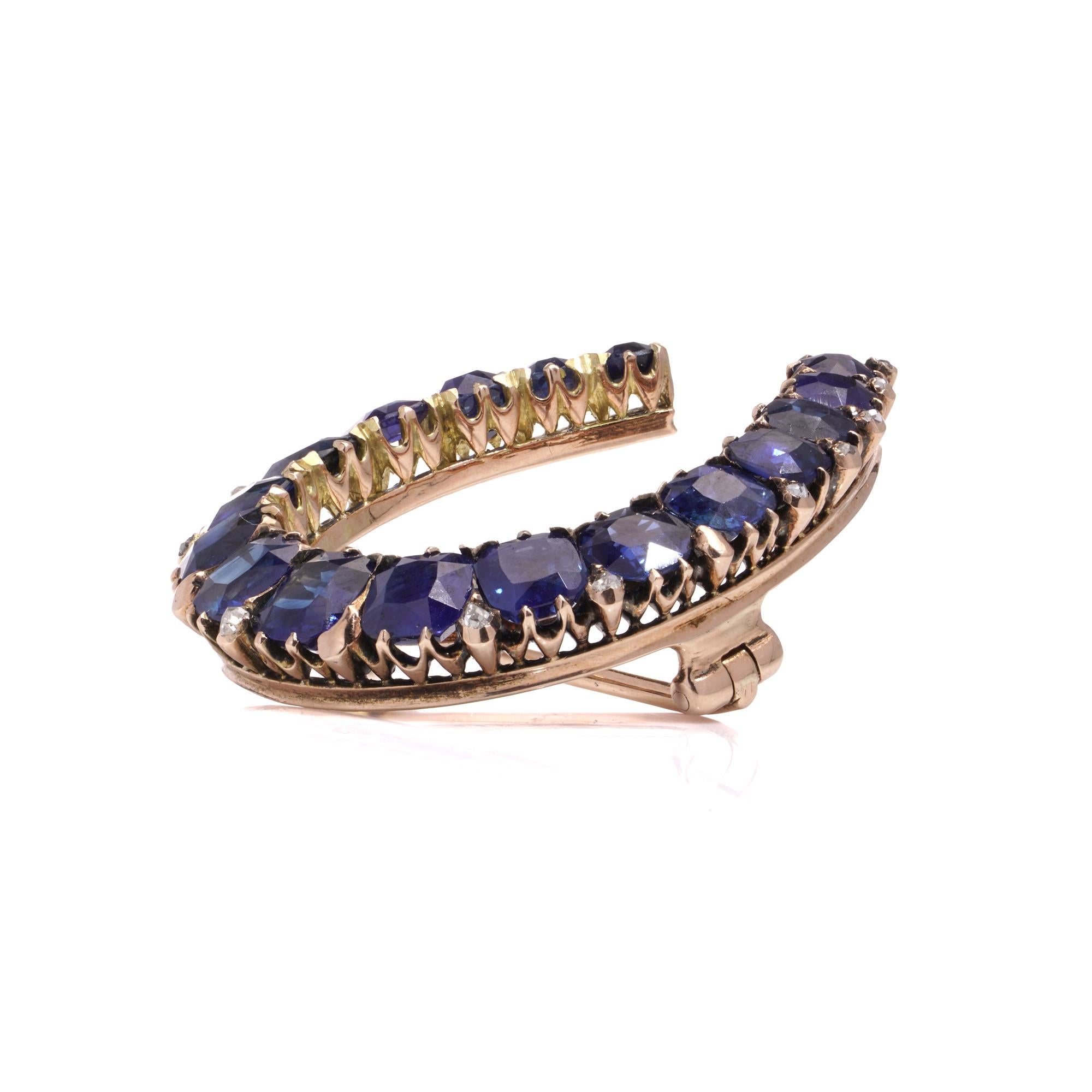 Women's or Men's Victorian 15KT gold horse-shoe sapphire and diamond brooch  For Sale