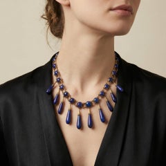 Victorian 15kt Gold Natural Lapis Lazuli Fringe Necklace