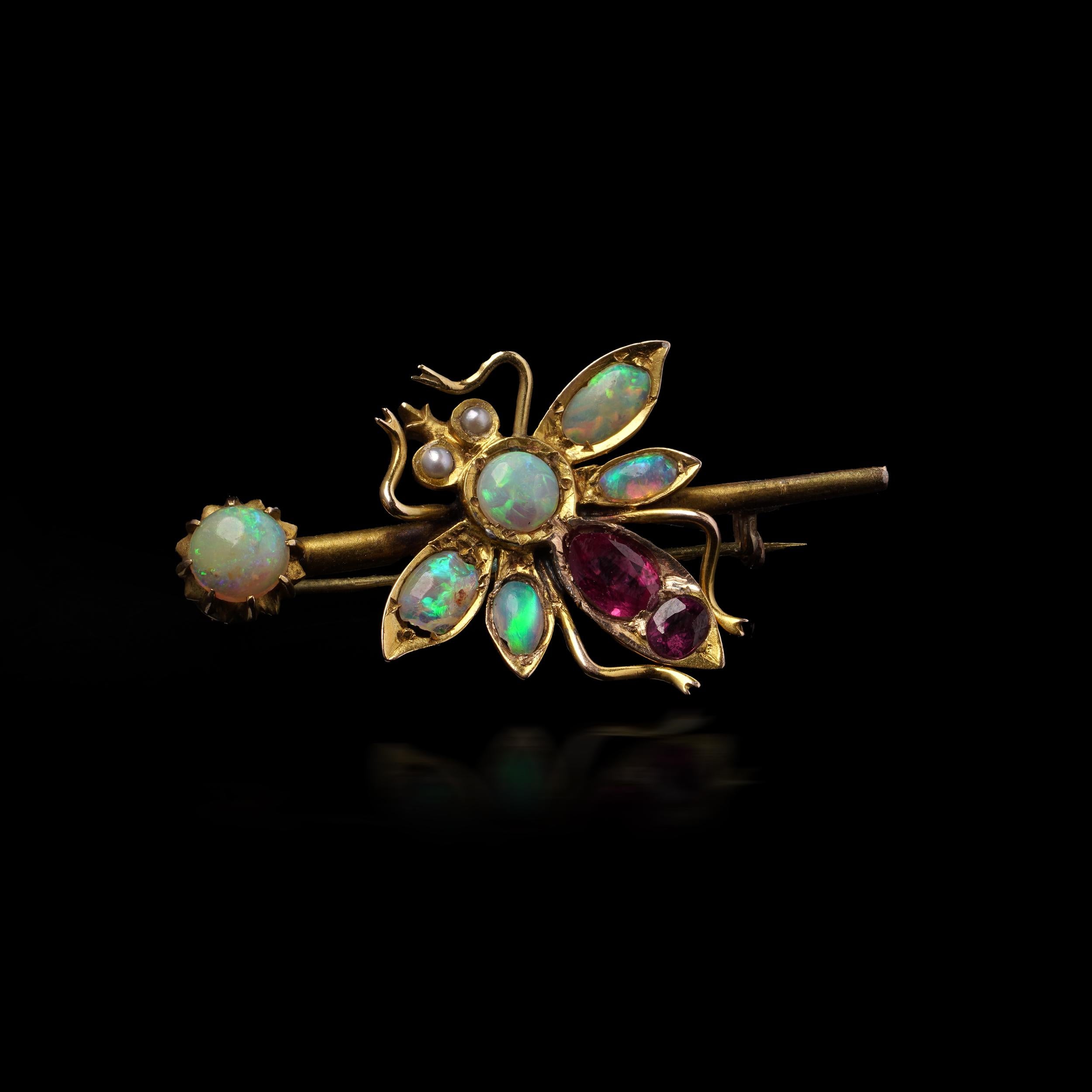 Round Cut Victorian 15KT Gold Opal Insect Brooch For Sale