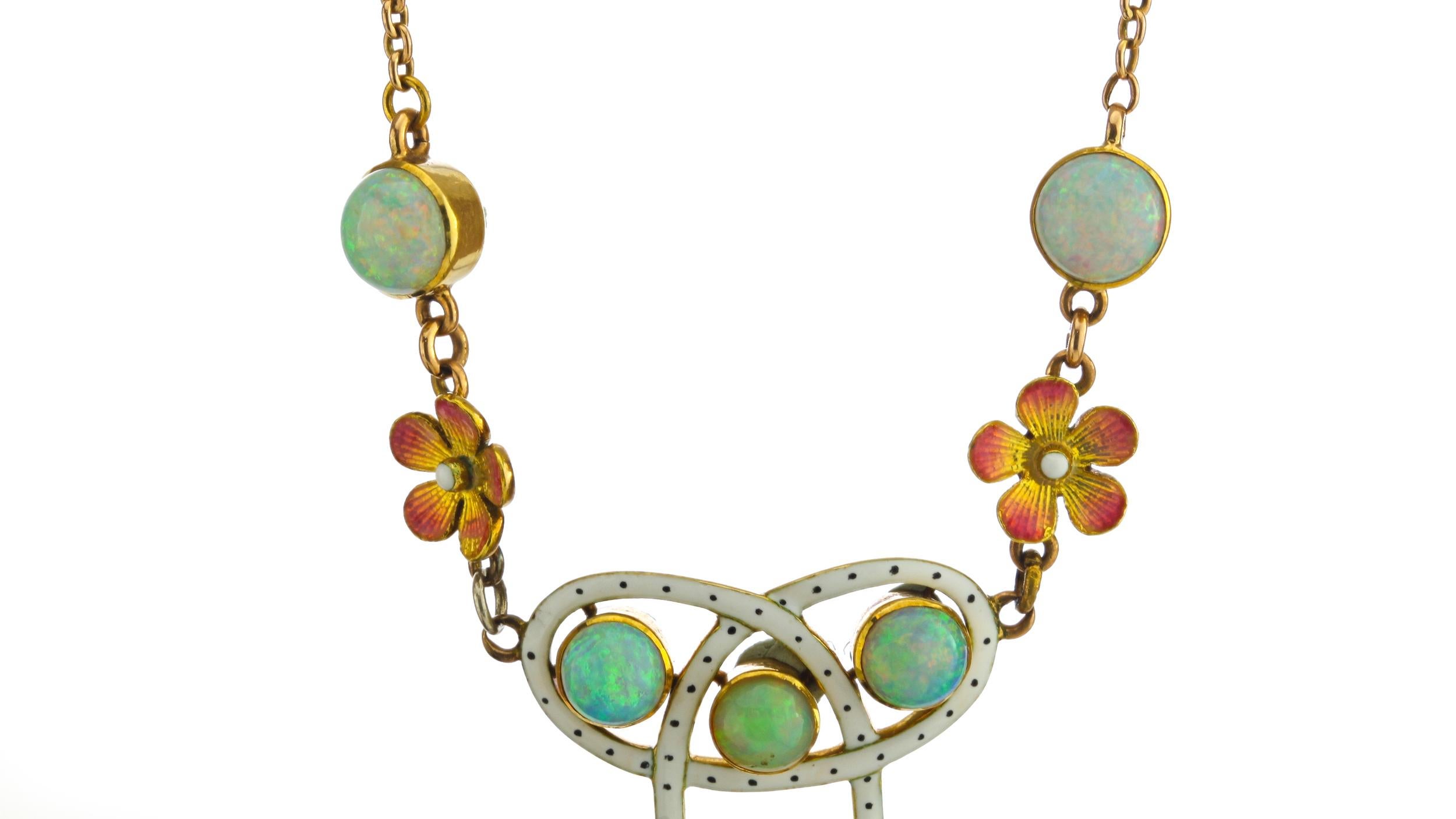 Jugendstil-Halskette aus 18 Karat Gold mit Opal, um 1870 (Ovalschliff) im Angebot