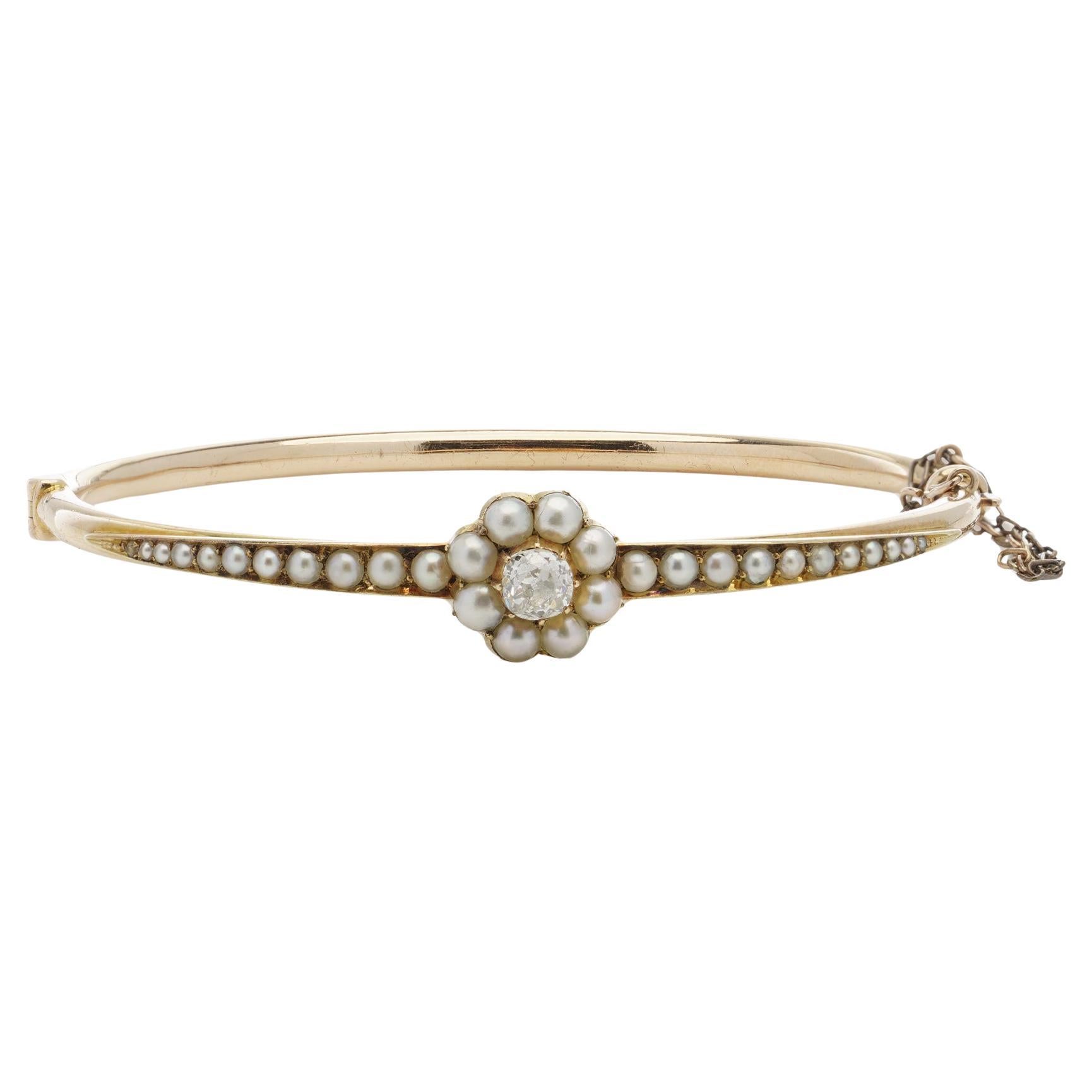 Victorian 15kt gold pearl and diamond bangle with safety chain For Sale ...