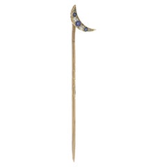 Victorian 15KT Gold Sapphire and Diamond Crescent Stick Pin, 1880s