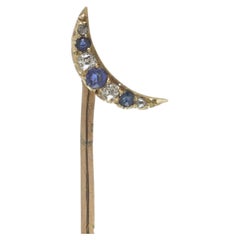 Victorian 15KT Gold Sapphire and Diamond Crescent Stick Pin, 1880s