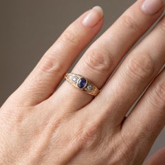 Victorian 15KT Gold Sapphire & Diamond Three Stone Gypsy Ring