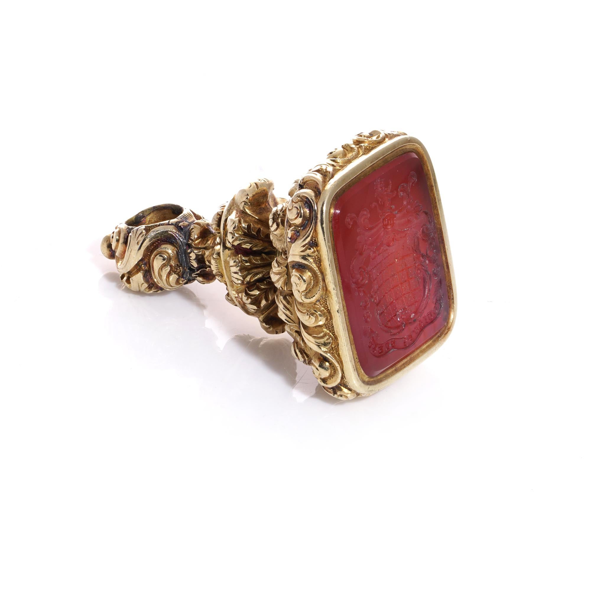 Victorian 15kt. gold seal fob with carnelian intaglio and family motto 1