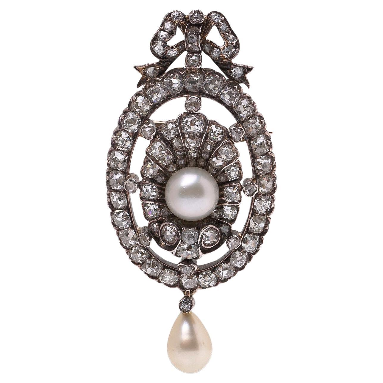 Ciondolo vittoriano in oro e argento 15KT con diamanti e perle