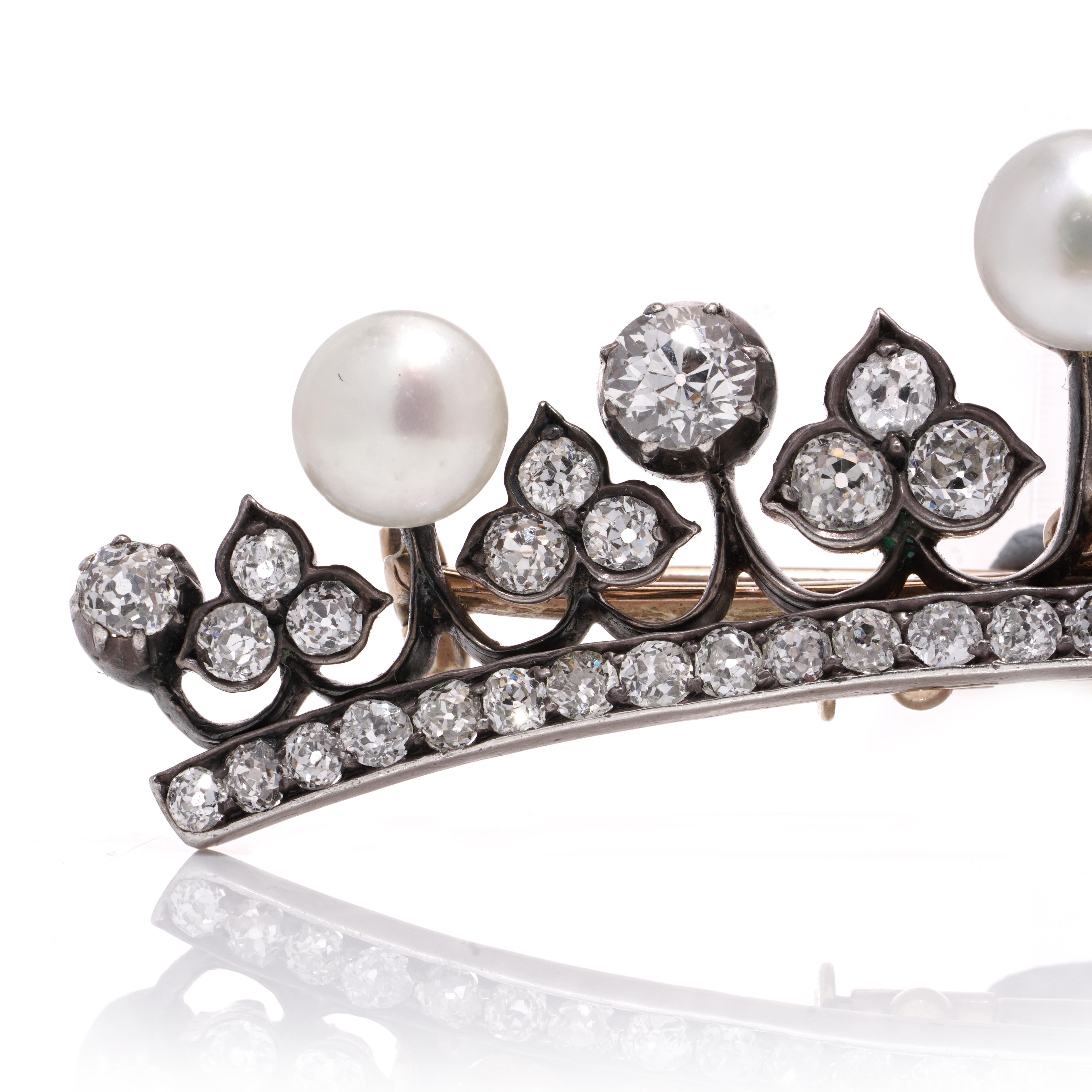Antique Victorian 15kt rose gold and silver old-European cut diamond and pearl tiara brooch with safety pin chain. 
X-Ray has been tested positive for 15kt gold and silver.  
Made in England, Circa 1870's 

The dimensions -
Size: length x width x