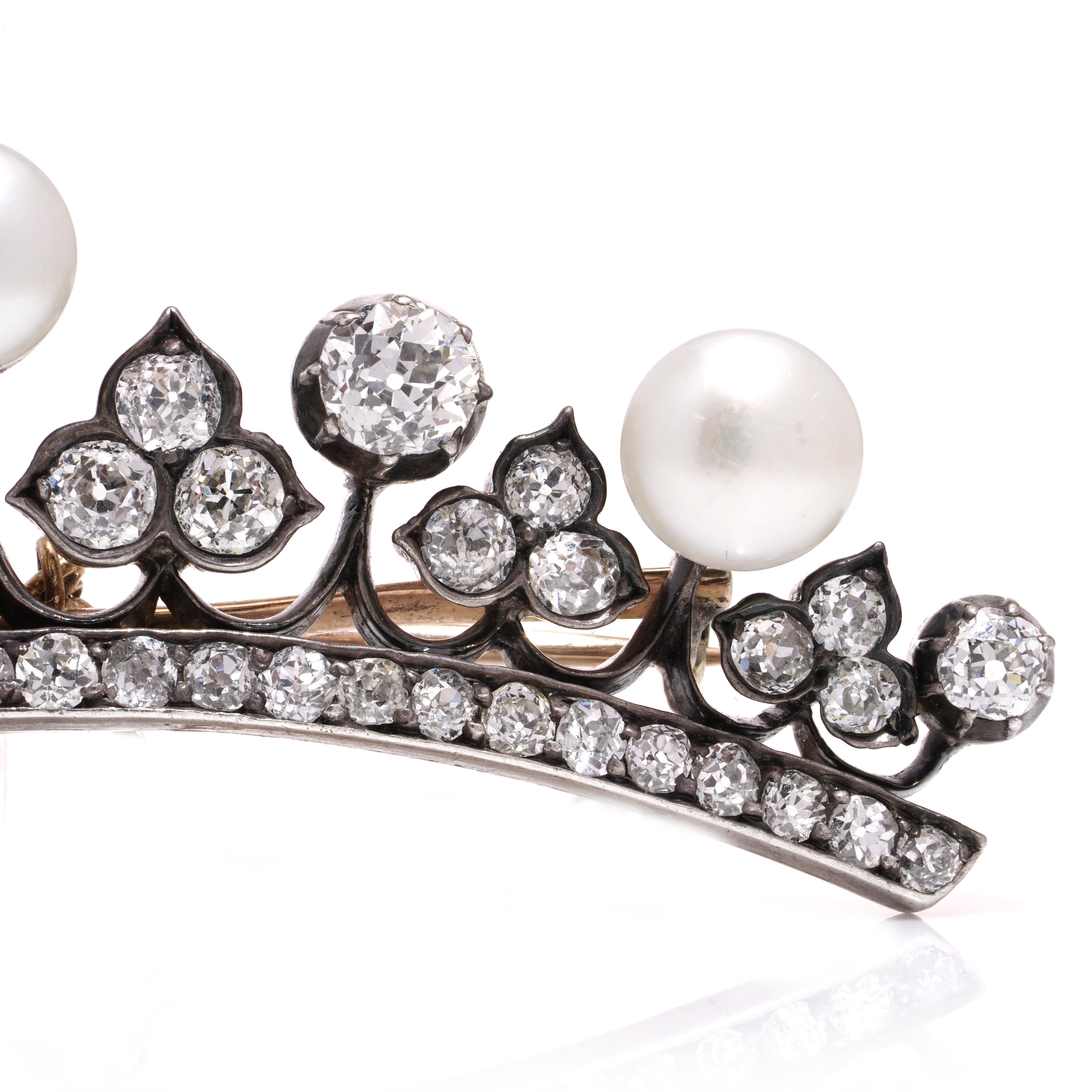 Victorian 15kt Rose Gold Diamond & Pearl Tiara Brooch In Good Condition For Sale In Braintree, GB