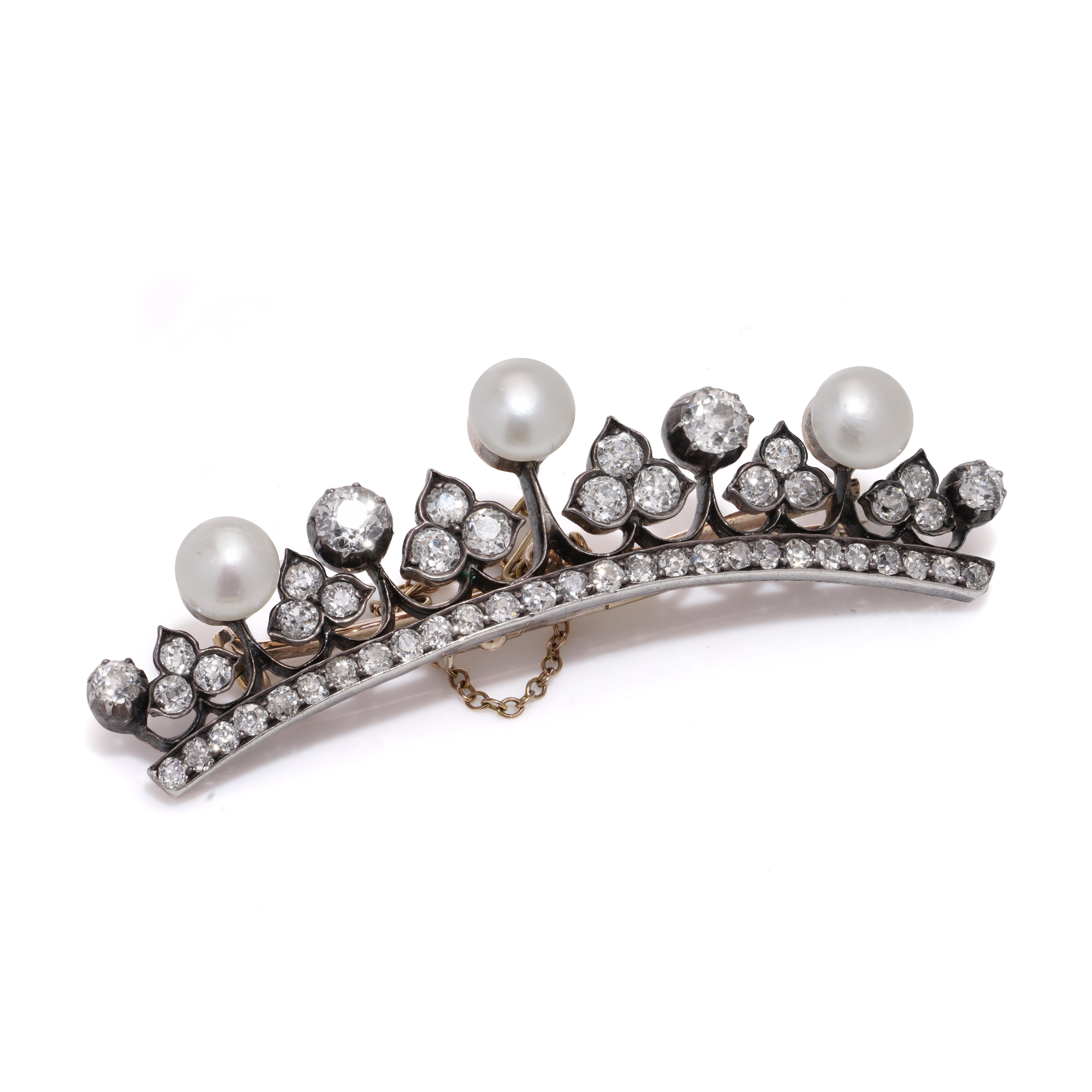 Victorian 15kt Rose Gold Diamond & Pearl Tiara Brooch For Sale 1