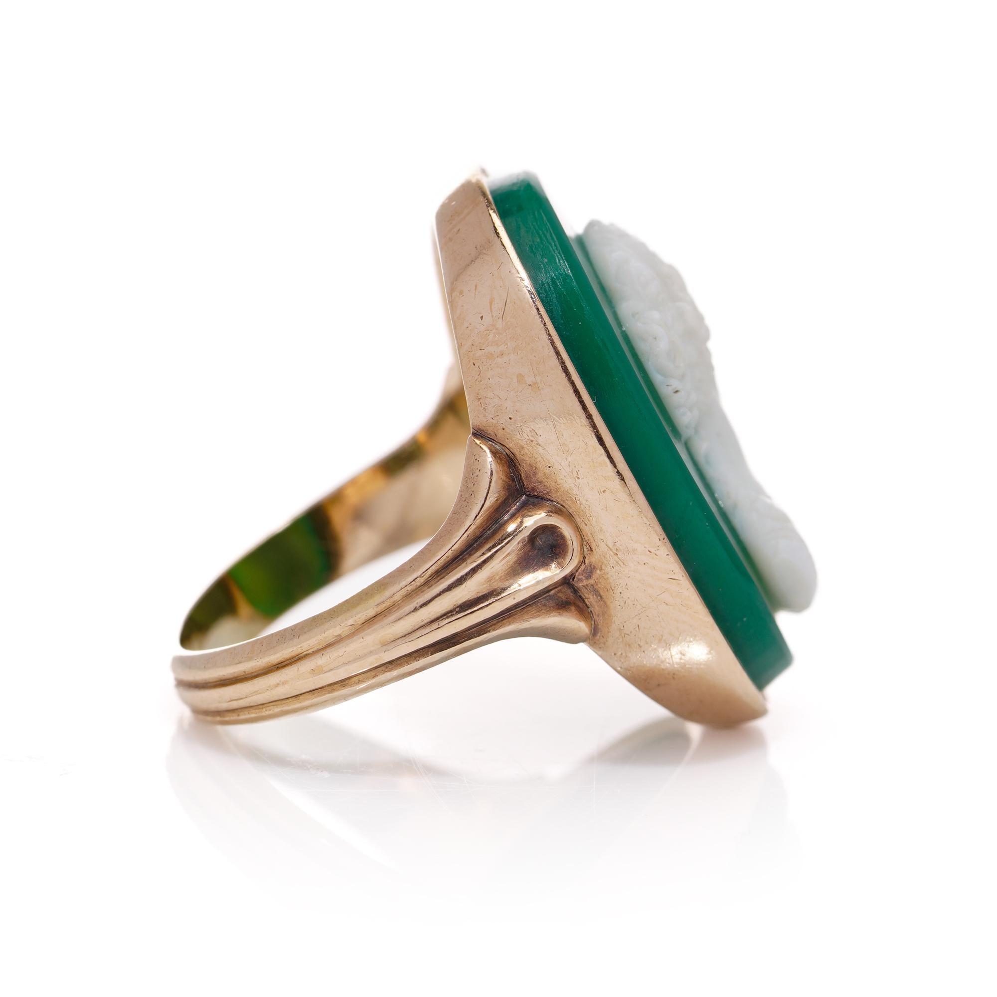 Viktorianischer cameo-Ring aus 15 Karat Roségold mit grünem Achat und einem Damenprofil  im Angebot 1