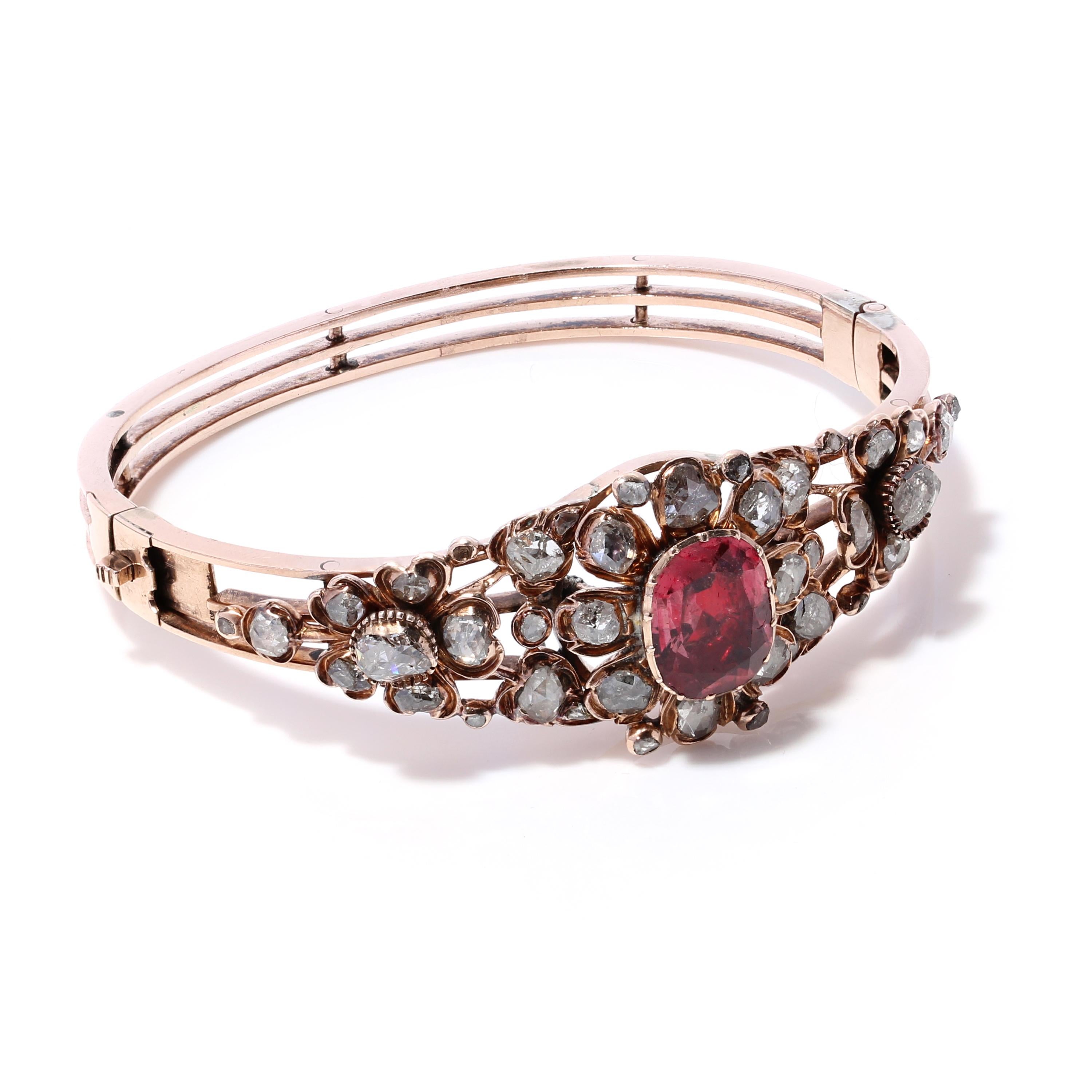 Rose Cut Victorian 15kt Rose Gold Ladies Bangle with 4.00 Ct Spinel and 4.52 Ct Diamond For Sale