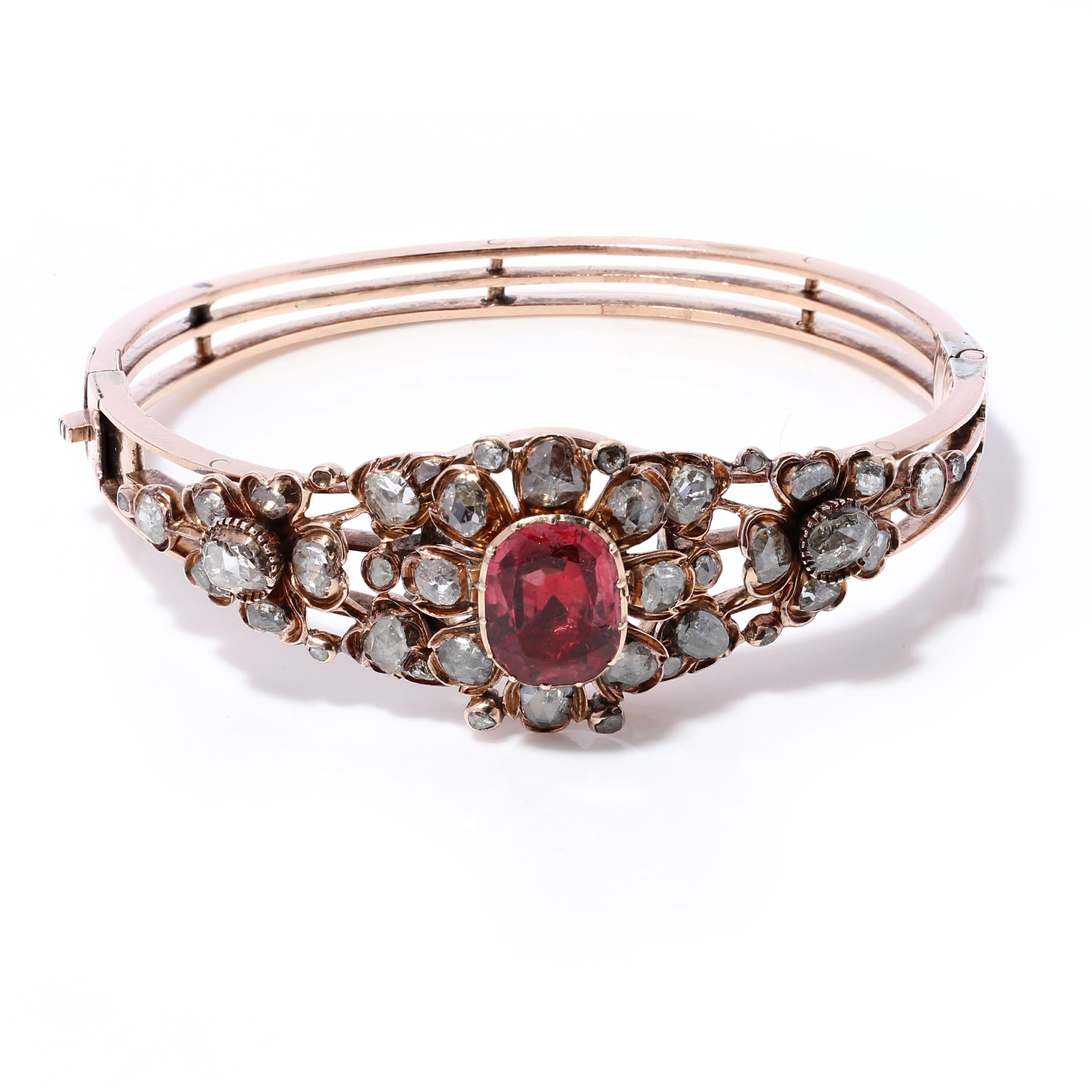 Victorian 15kt Rose Gold Ladies Bangle with 4.00 Ct Spinel and 4.52 Ct Diamond In Good Condition For Sale In Braintree, GB