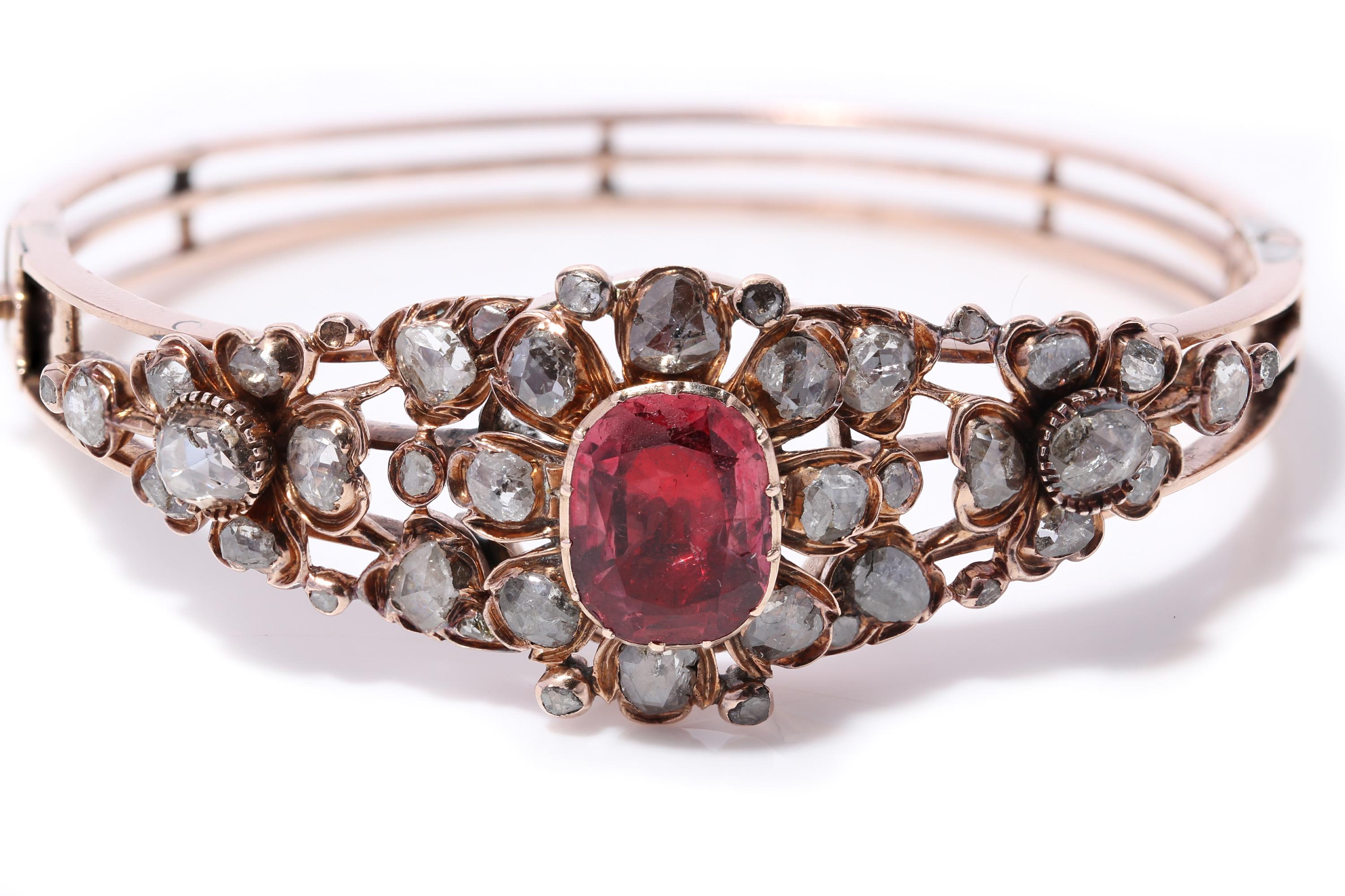 Women's Victorian 15kt Rose Gold Ladies Bangle with 4.00 Ct Spinel and 4.52 Ct Diamond For Sale
