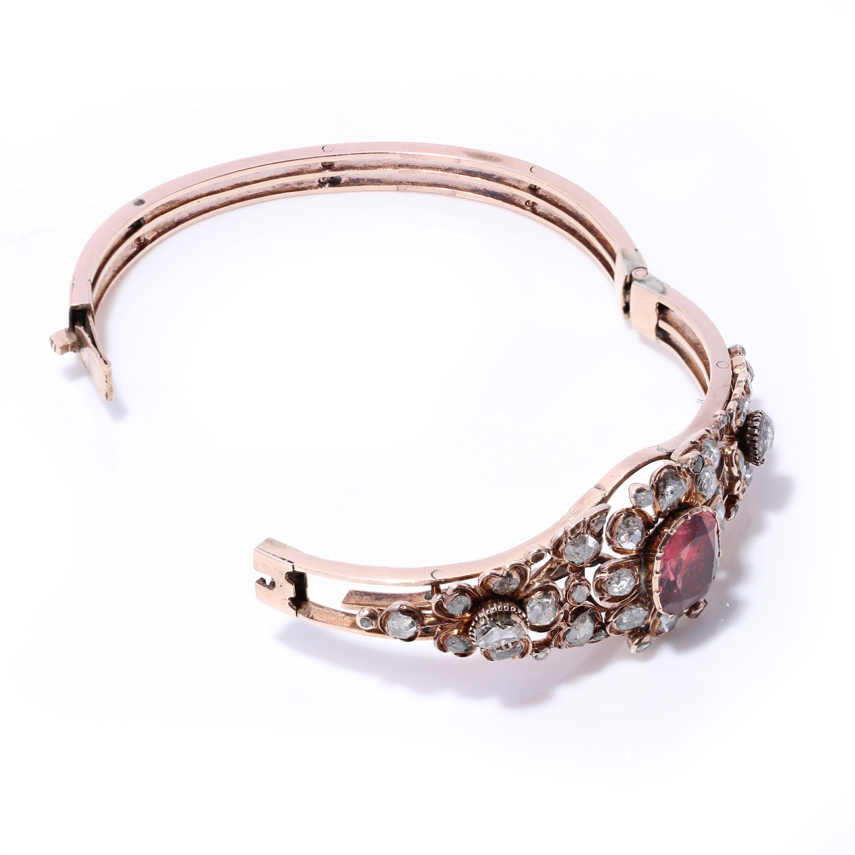 Victorian 15kt Rose Gold Ladies Bangle with 4.00 Ct Spinel and 4.52 Ct Diamond For Sale 1
