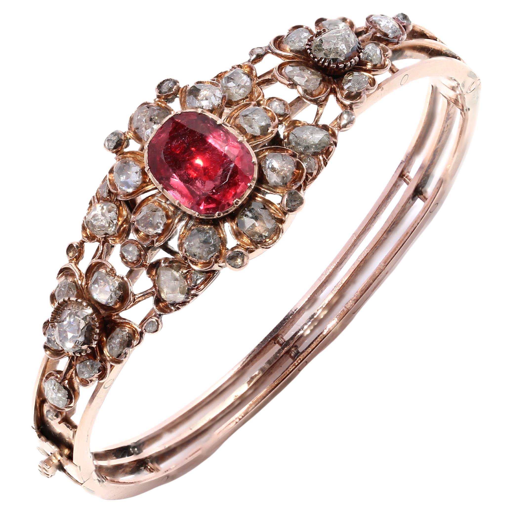 Victorian 15kt Rose Gold Ladies Bangle with 4.00 Ct Spinel and 4.52 Ct Diamond For Sale