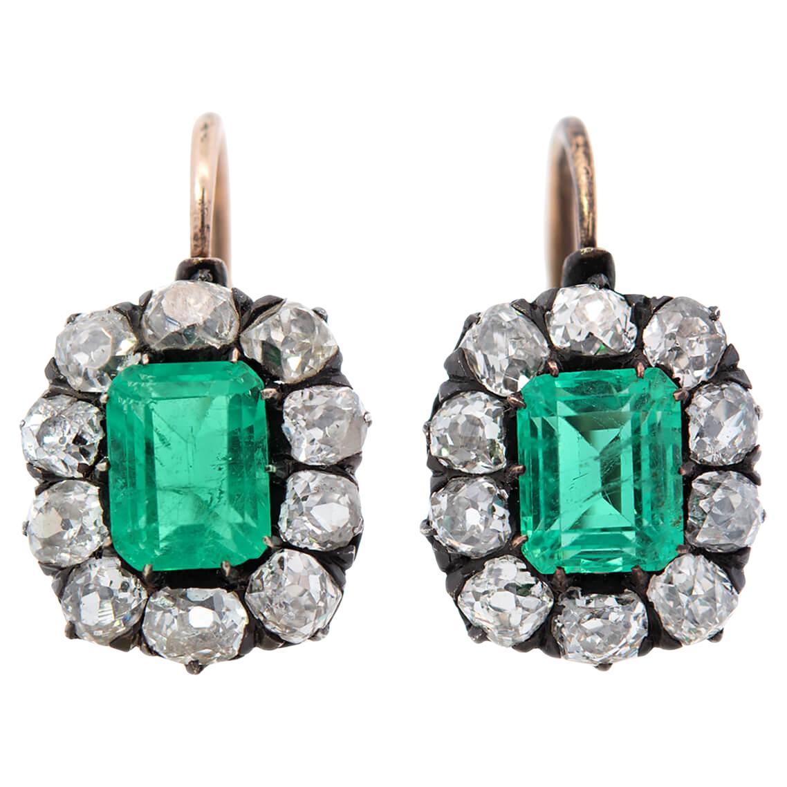 Victorian 15kt/Sterling Silver GIA Colombian Emerald & Diamond Cluster Earrings  For Sale