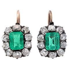 Antique Victorian 15kt/Sterling Silver GIA Colombian Emerald & Diamond Cluster Earrings 