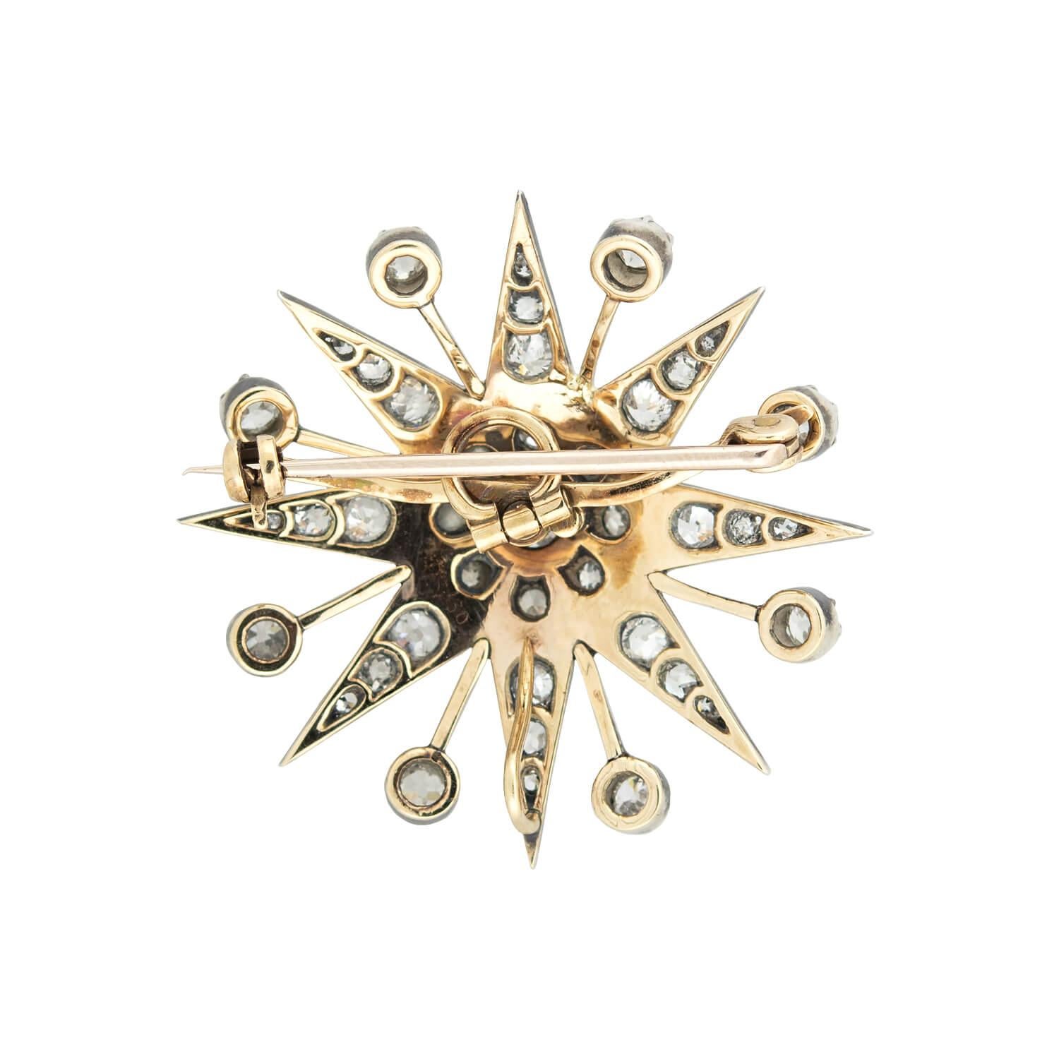 Old Mine Cut Victorian 15kt / Sterling Topped Diamond Starburst Pin / Pendant 3.0ctw For Sale