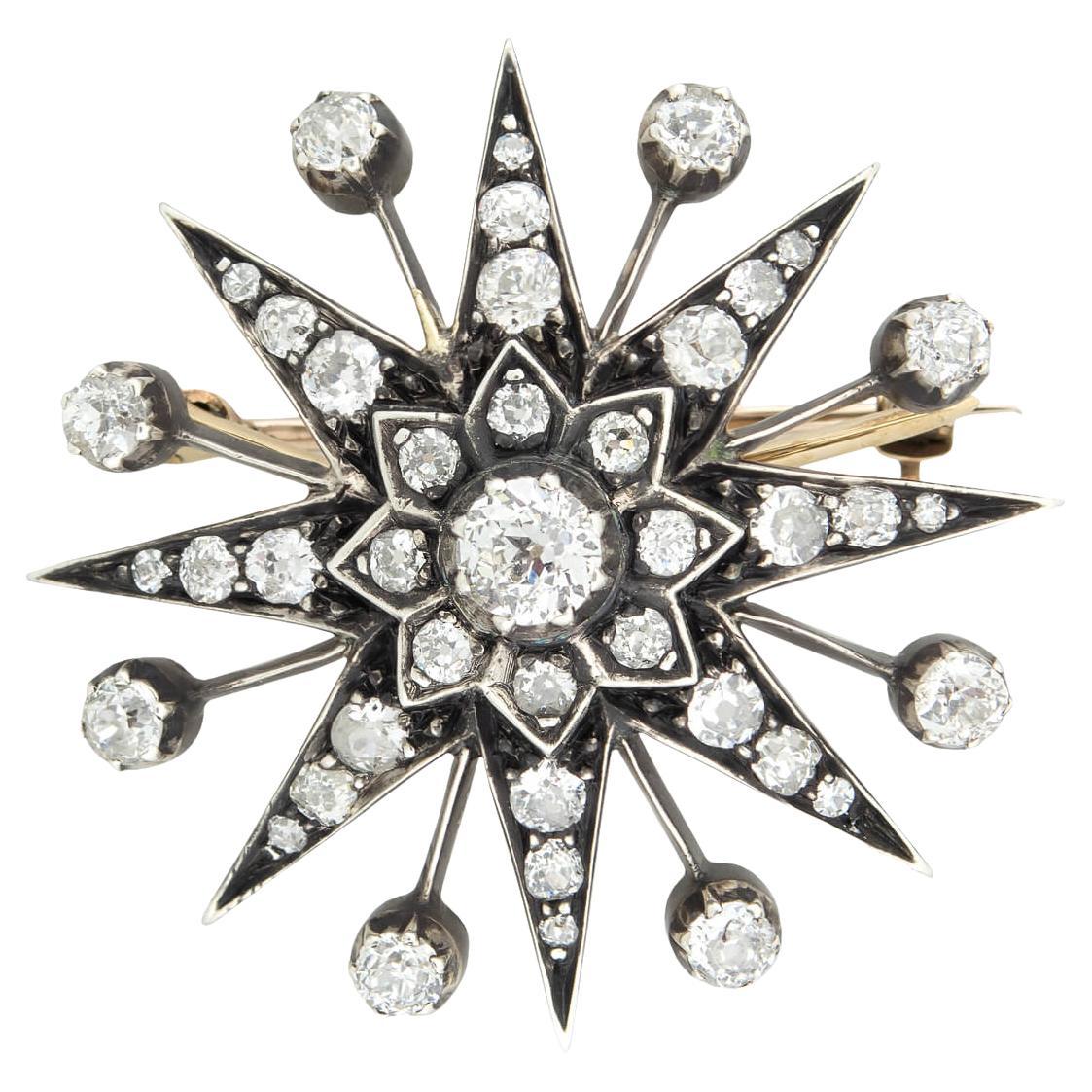 Victorian 15kt / Sterling Topped Diamond Starburst Pin / Pendant 3.0ctw For Sale