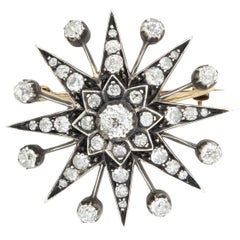 Victorian 15kt / Sterling Topped Diamond Starburst Pin / Pendant 3.0ctw