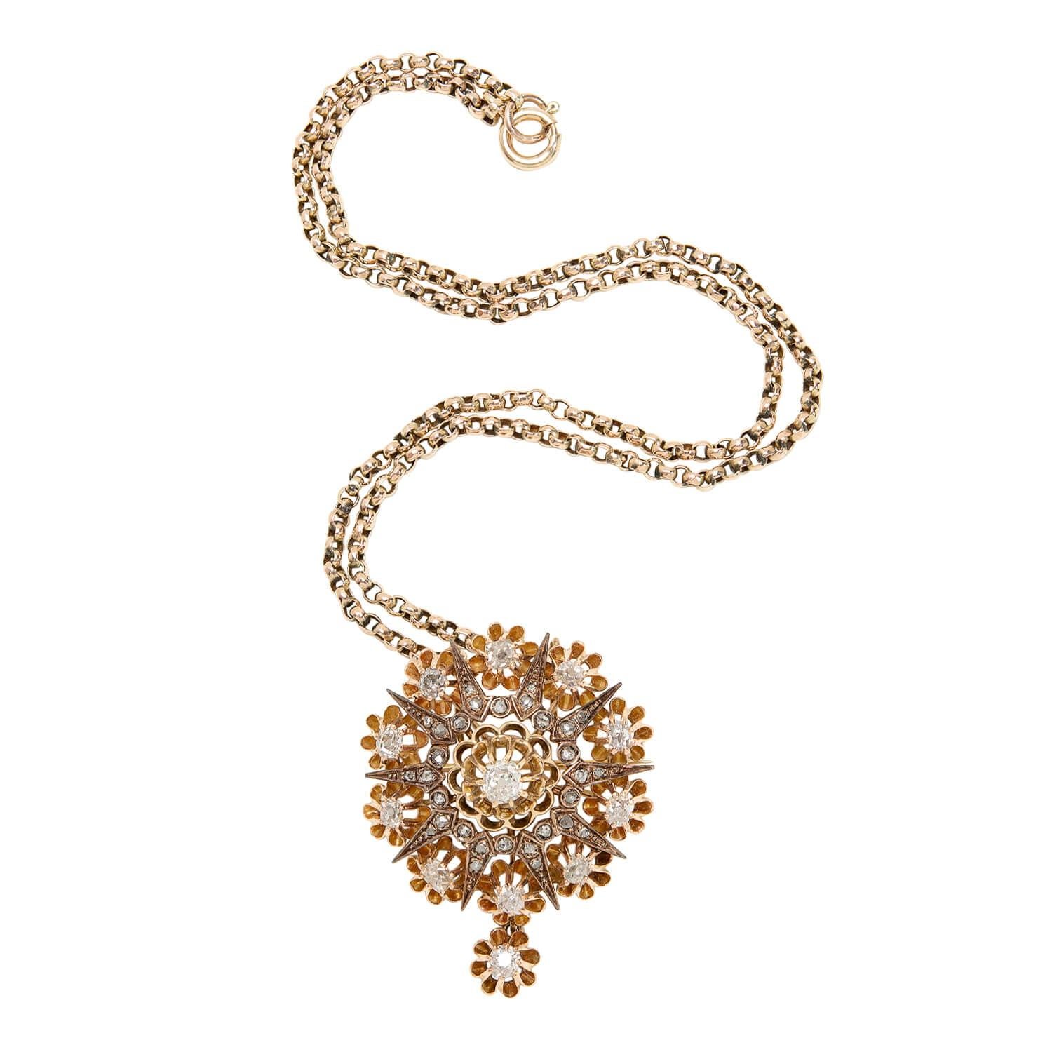 A gorgeous diamond starburst pendant pin from the Victorian (ca1880) era! Crafted in 15kt yellow gold and topped in sterling silver, this beautiful piece is comprised of 10 Old Mine Cut diamonds that surround a single larger Old Mine Cut center