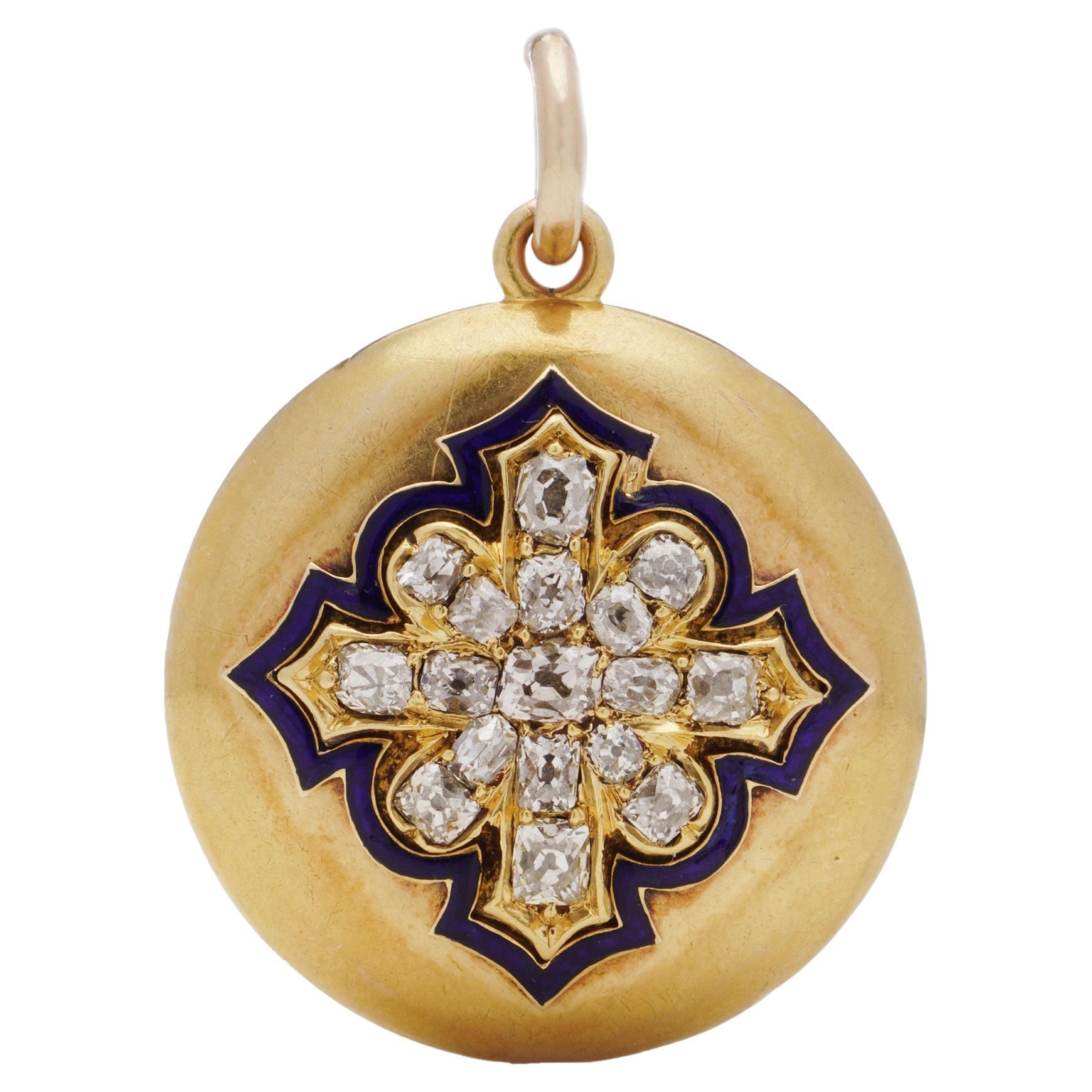 Viktorianisches Medaillon aus 15 Karat Gelbgold und Emaille mit Bilderrahmen und Diamanten 