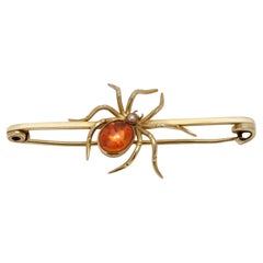 Victorian 15kt yellow gold bar pin spider brooch with fire opal and pearl 