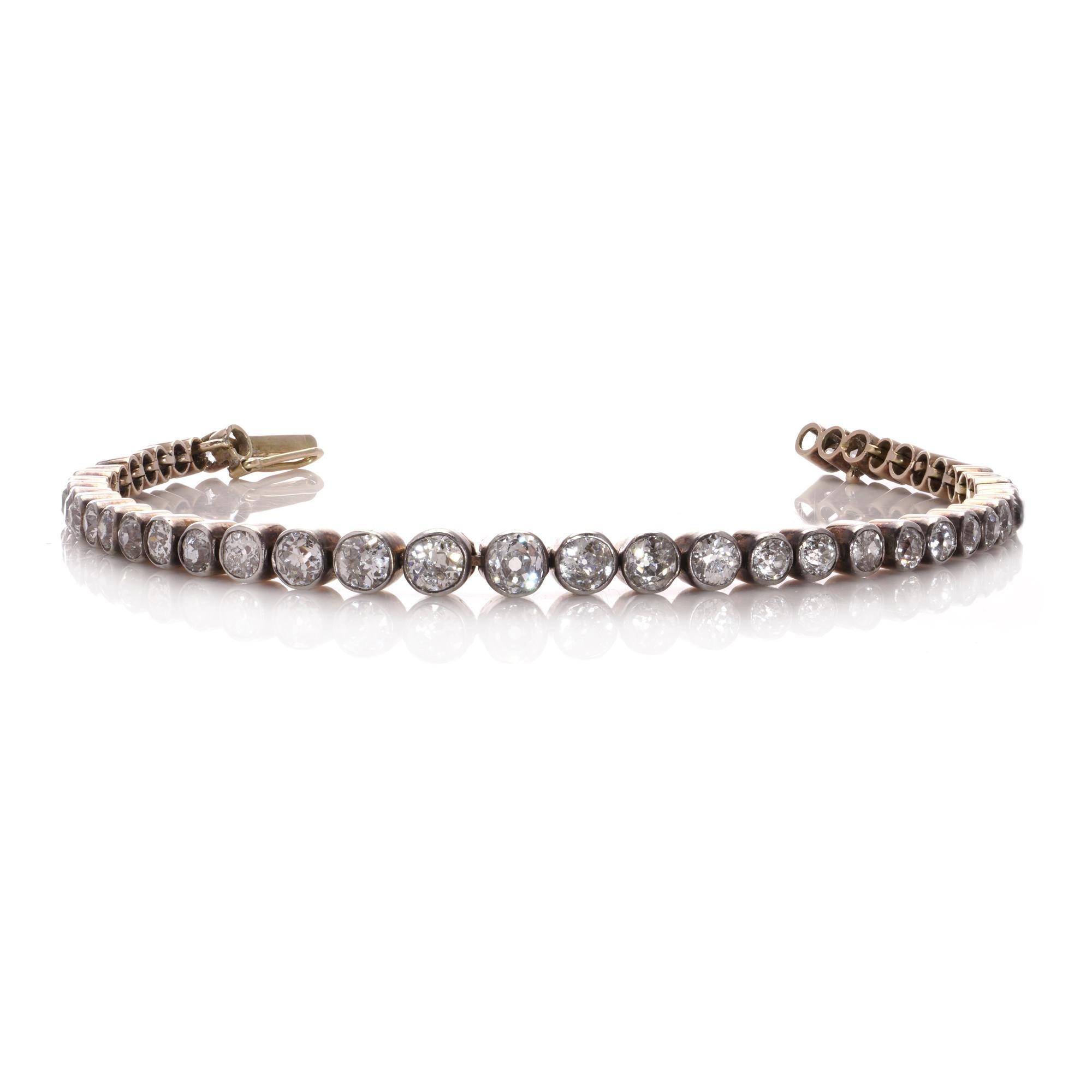 Old European Cut Victorian 15t. rose gold and silver tennis bracelet with 4.75 cts. of diamonds  For Sale