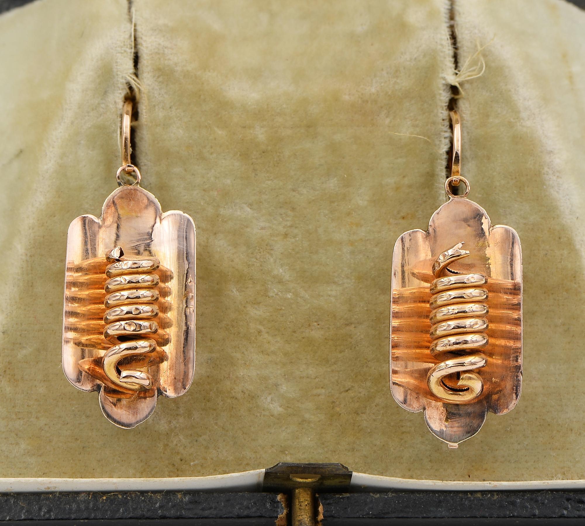 Raro reperto vittoriano

Insoliti e graziosi orecchini a serpente di epoca vittoriana, 1860 ca.
Mostra il glorioso artigianato vittoriano, testimone della moda e della storia del passato.
Test Solid in oro rosa 15/16 KT, realizzati per orecchie
